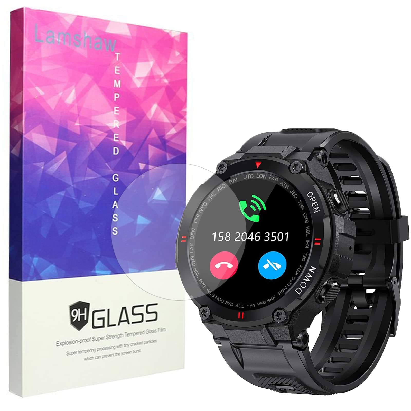 Compatible for EIGIIS Military Smart Watch Screen Protector, Lamshaw [3 Pack] 9H Tempered Glass Screen Protector Film Compatible for EIGIIS K22 Military Smart Watch/Military Smart Watch (3 PACK)