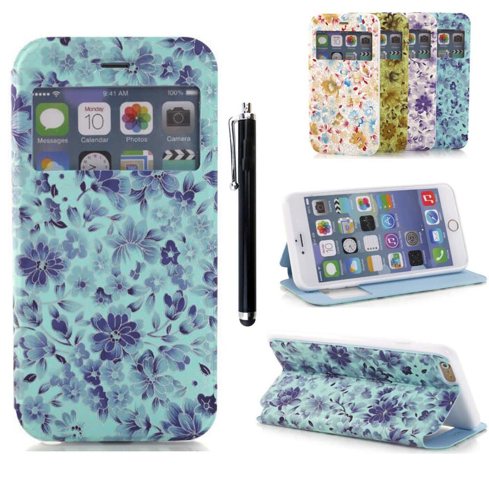 iPhone 6 Case 4.7 Inch New Style Waterproof Blue Design with Stand Function View Window Protective PU Lether Case Cover for Apple iPhone 6 -Blue