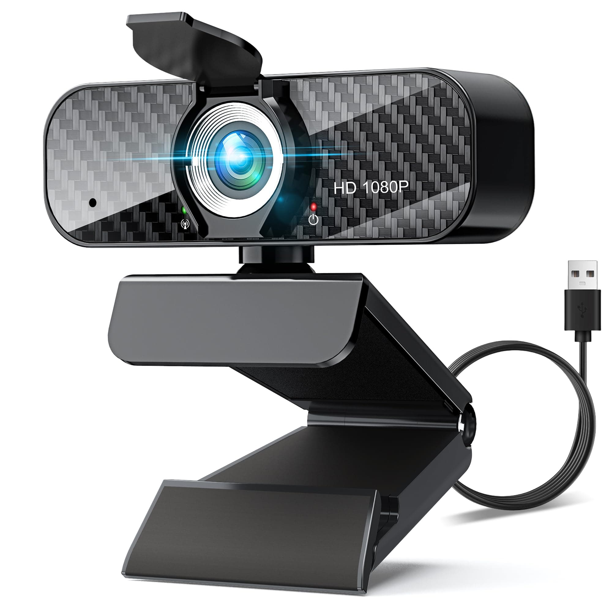 Webcam Full HD 1080P with Built-in Microphone and Rotatable Tripod, Carbon Fiber Board and Privacy Cover, Auto Light Correction, Adjustable FOV, Plug&Play for Zoom/Skype/Facetime/YouTube, Laptop/PC
