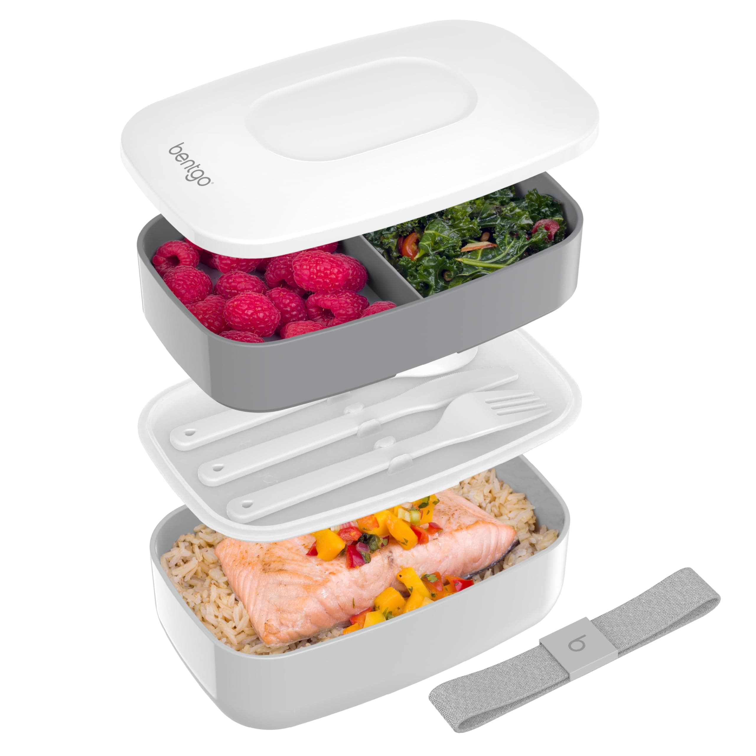 Classic - Adult Bento Box, Stackable 3-Compartment Lunch Box with Removable Utensil Set and Sealing Strap, BPA-Free, Food Container Ideal for Meal Prep, Work, and On the Go (Gray)