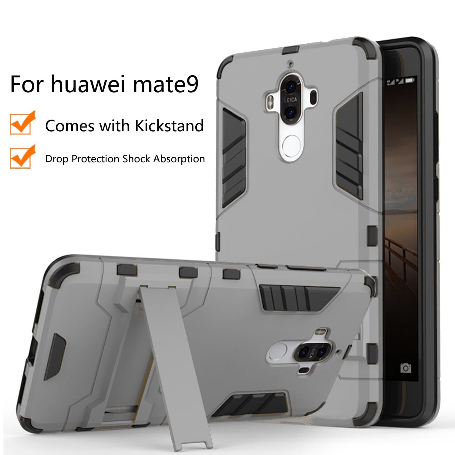 Huawei Mate 9 Case, MicroP(TM) Dual Layer Armor Hard Slim Hybrid Kickstand Phone Cover Case for Huawei Mate 9 / MHA-L09 / MHA-L29 (Gray Kickstand Case)