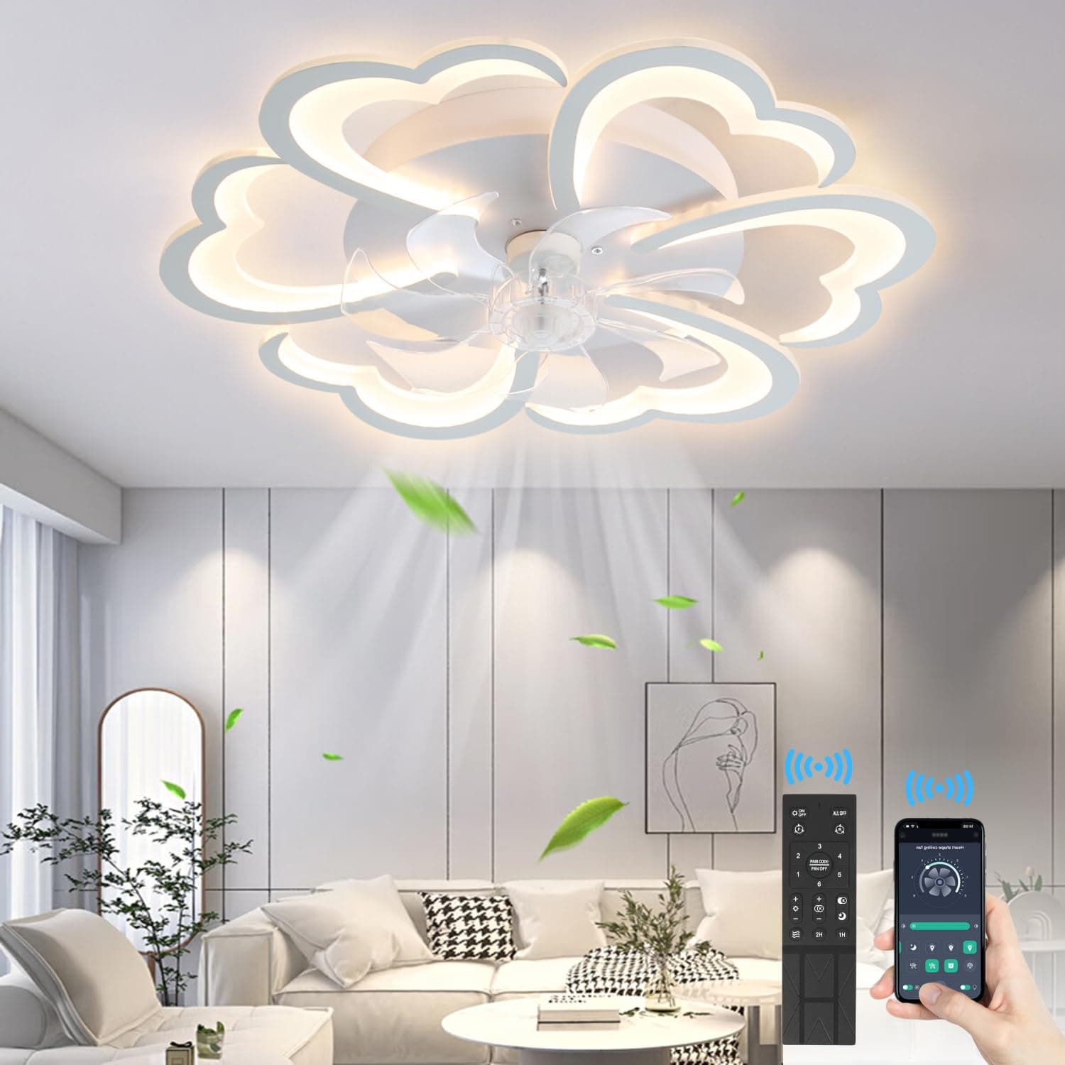 27" Smart Ceiling Fan with Lights and Remote, Modern Flush Mount Enclosed Ceiling Fan, Low Profile Dimmable Indoor Ceiling Fan Light for Bedroom Living Room Kitchen Kids Room Patio - White