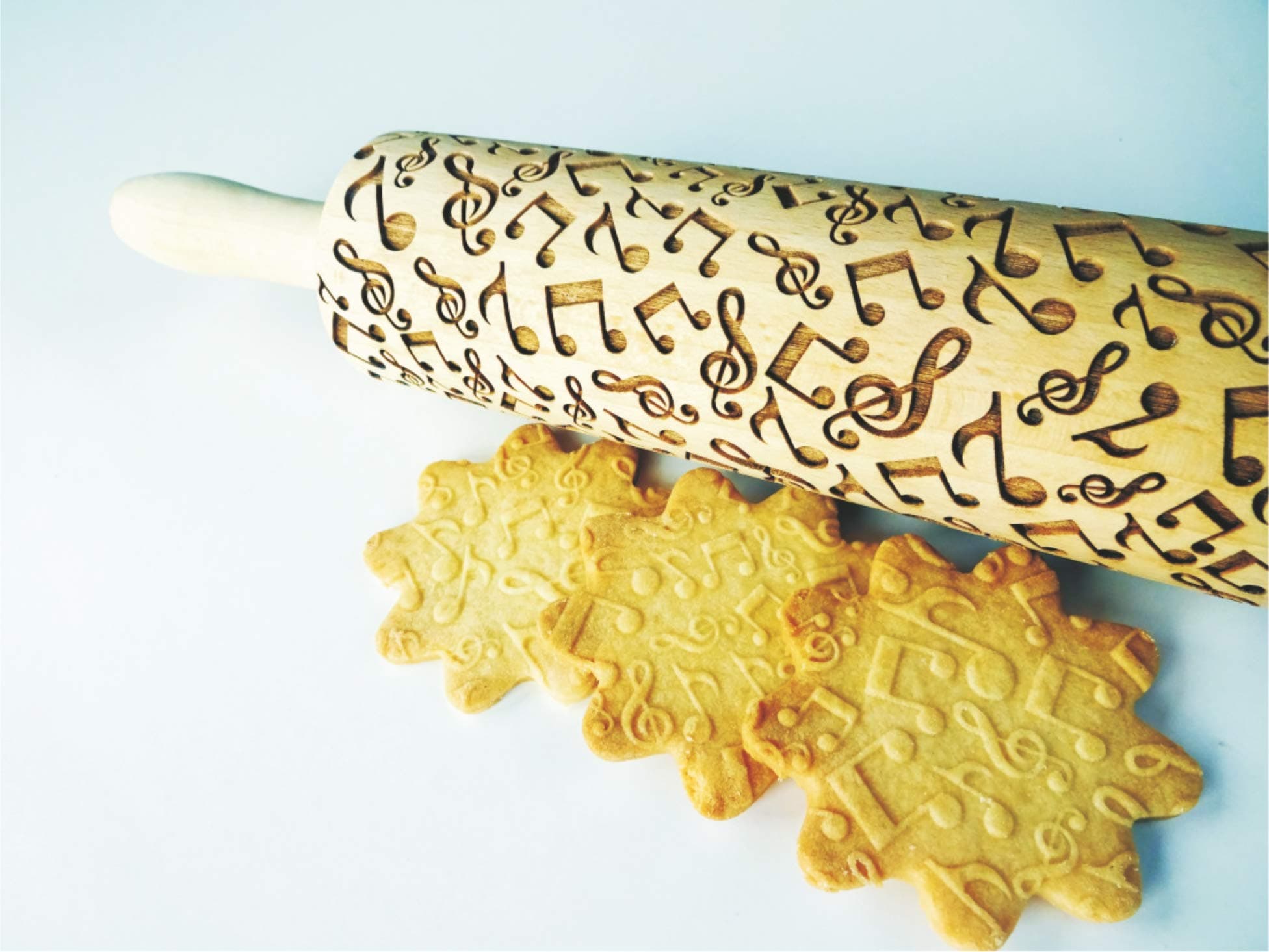 Embossing Rolling Pin MUSIC NOTES. Laser engraved dough roller for embossed cookies or pottery by Algis Crafts