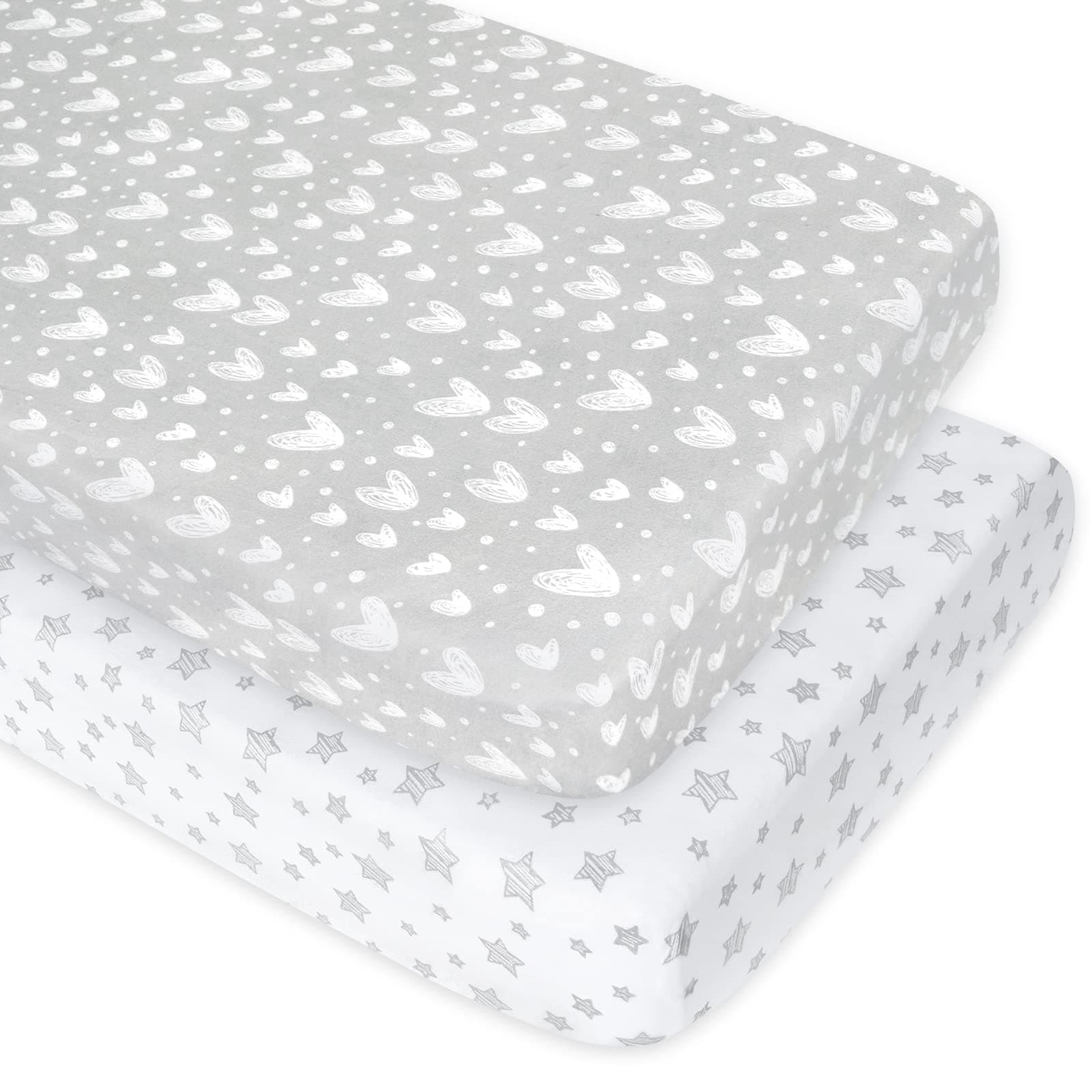 Crib Sheets Fitted, 2 Pack Crib Sheet Fits for Standard Crib and Toddler Mattress, 100% Jersey Knit Cotton Crib Sheet for Baby Boys & Girl, Star and Heart Print