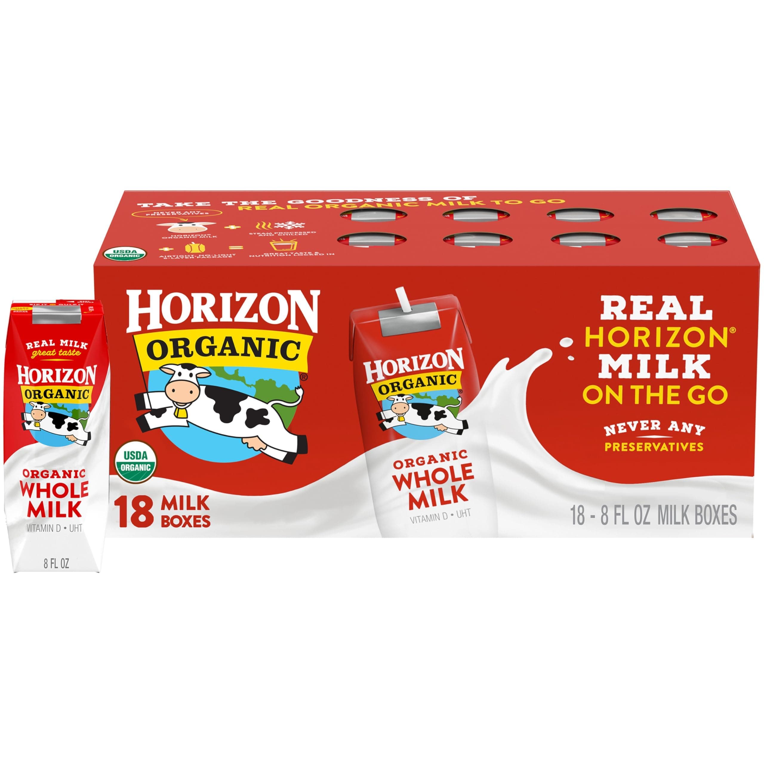 Horizon Organic Shelf Stable Whole Milk Boxes, 8 fl oz, 18 Count - 8g Protein per Serving, USDA Organic UHT from Pasture-Raised Cows, Ready to Drink for Lunchbox, Travel, or On-the-Go, No Refrigeration Needed