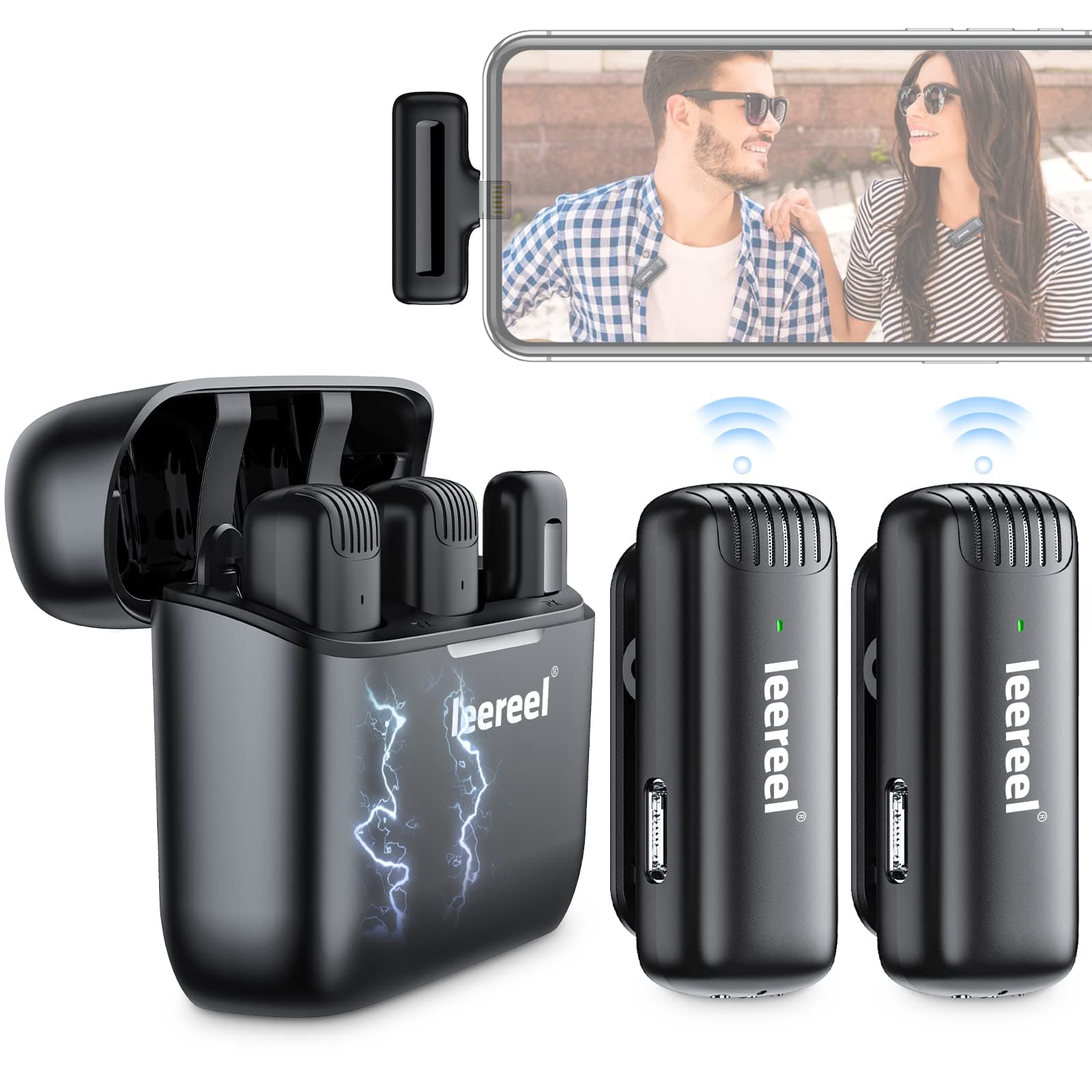 2 Pack Wireless Lavalier Microphones for iPhone iPad, Leereel Plug-Play Lapel Mic with Charging Case for Interview, Video Recording, Tiktok, Live Stream - Noise Reduction, No APP & Bluetooth Needed