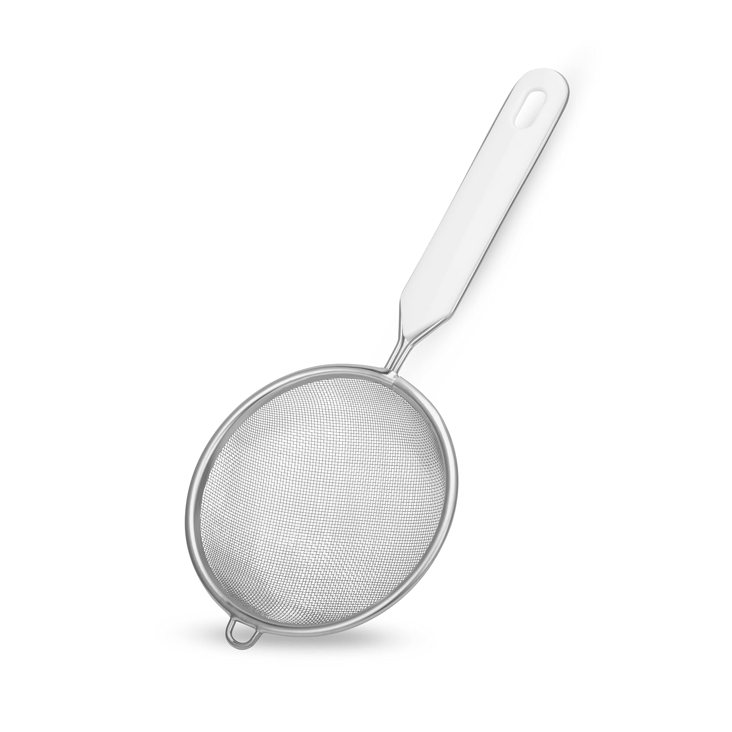 Fackelmann Stainless Steel Tea Strainer | No Sharp Edges | Bend-Proof | Rust Resistant | Hanging Loop | Easy to use and Clean | Perfect for Tea, Coffee, Juice, Spices - 7 Cm, White