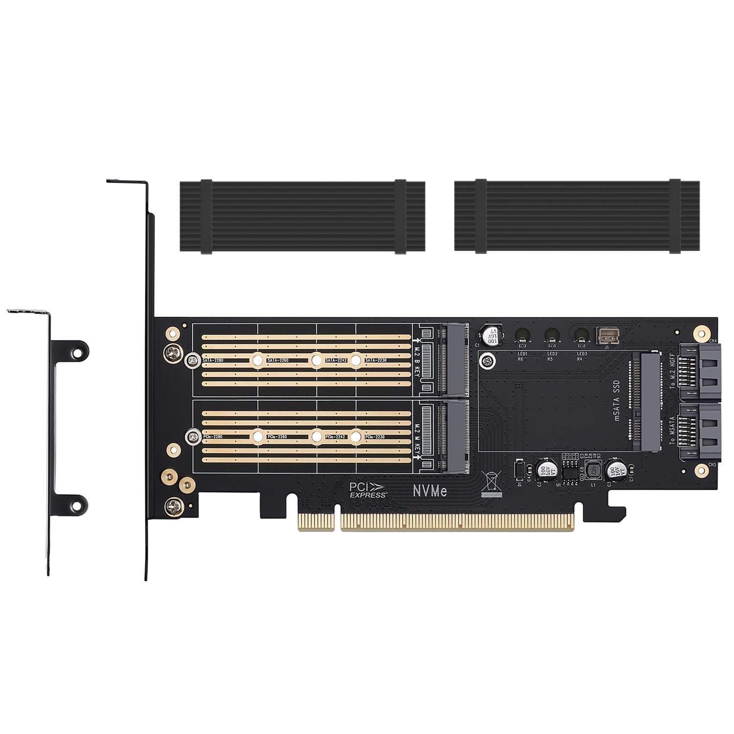 3 in 1 M.2 and mSATA SSD Adapter Card for NVME to PCIE, SATA III, and mSATA (with 2 Aluminum Heatsink)