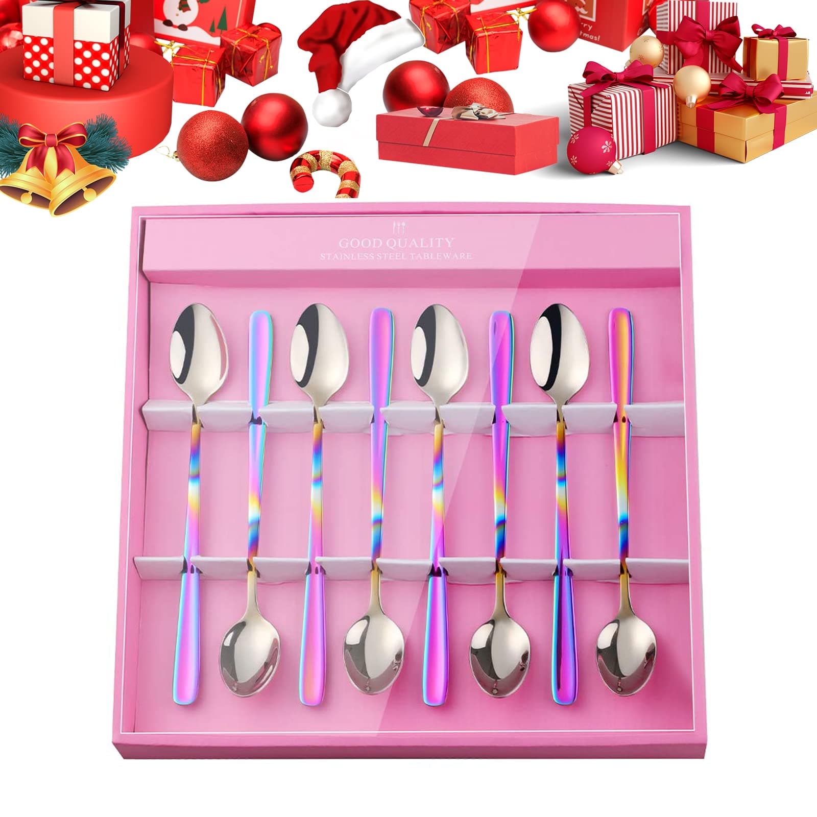 YDware Long Handle Ice Tea Spoon Set, 7.87 Inch Gradual Change Roainbow Ice Cream Spoons, Stainless Steel 18/10 Cocktail Stirring Spoons in Pink Gift Box, Set of 8