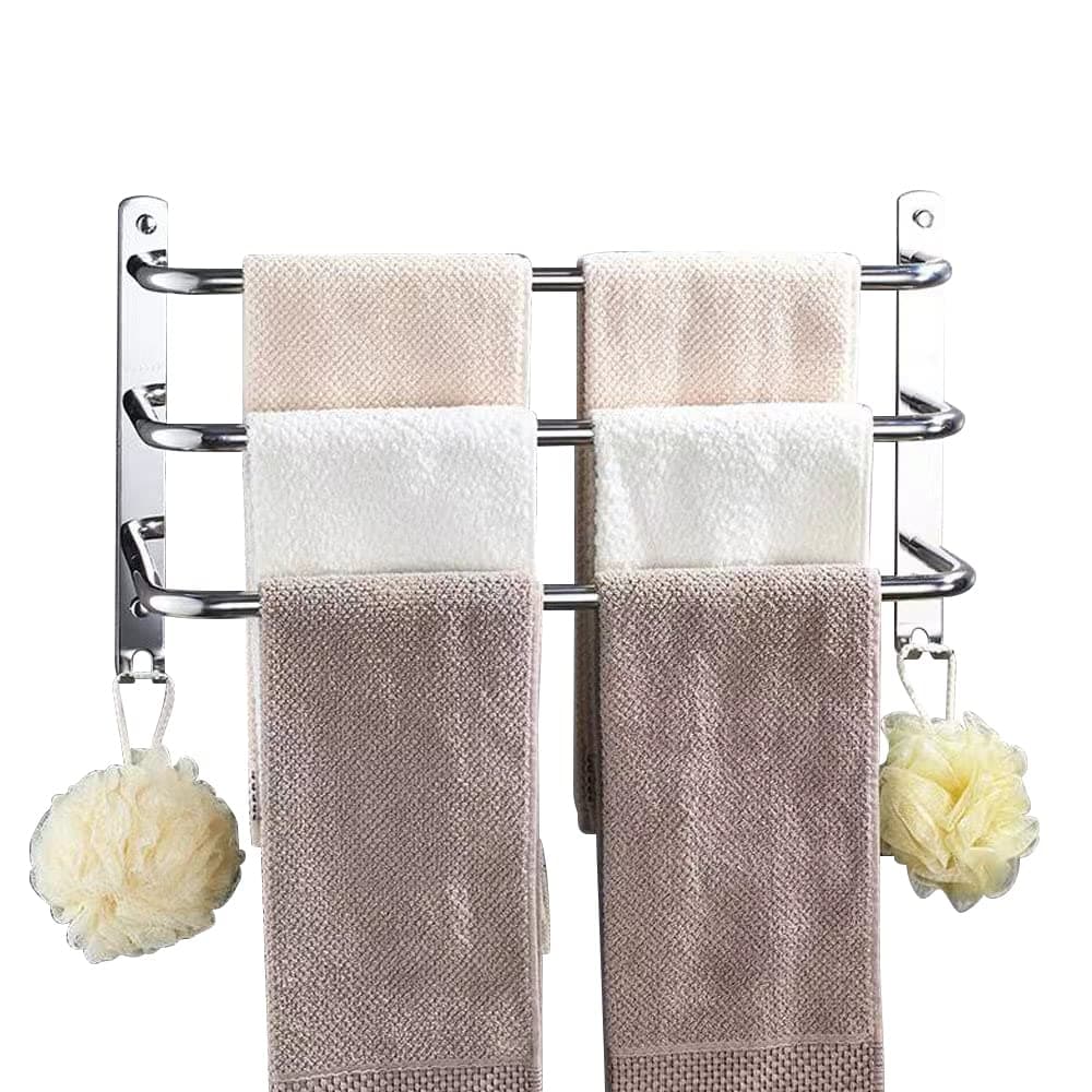 HONPHIERTowel Rail Chrome 3-Tier Bath Towel Rack with Hooks SUS 304 Stainless Steel Wall Mounted Towel Holder Towel Bar Rail for Kitchen Bathroom Toilet Hotel Office