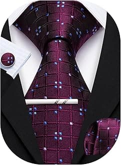 YOHOWA Men Plaid/Striped Ties Set Silk Business Wedding Formal Fashion Necktie and Pocket Square Cufflinks Set
