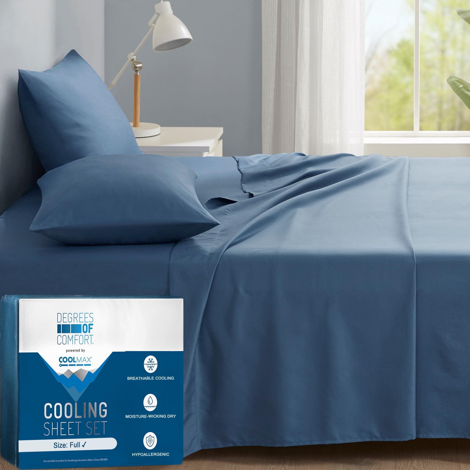 Degrees of Comfort Coolmax® Cooling Bed Sheets Full Size for Hot Sleepers, Moisture Wicking Sheet Set for Night Sweats, Deep Pocket, Ultra Soft, Cozy for All Seasons, Teal 4 Pieces