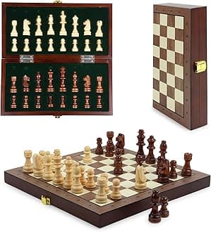Chess Board Set Wooden Magnetic Portable Board Game Compact & Folding - Classic Travel Chess for Kids & Adults (9.5 x 9.7 inch)