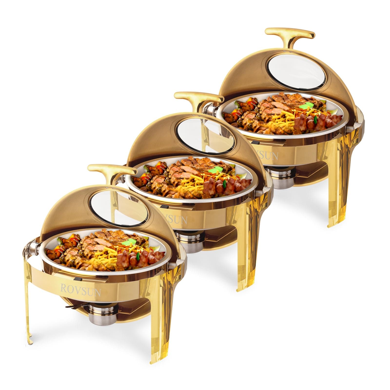 6 QT Chafing Dishes for Buffet 3 Pack, Roll Top Chafing Dish Buffet Set, Stainless Steel Buffet Warmer Chafers and Buffet Warmers Sets for Catering Events Parties Weddings Dinners,Gold