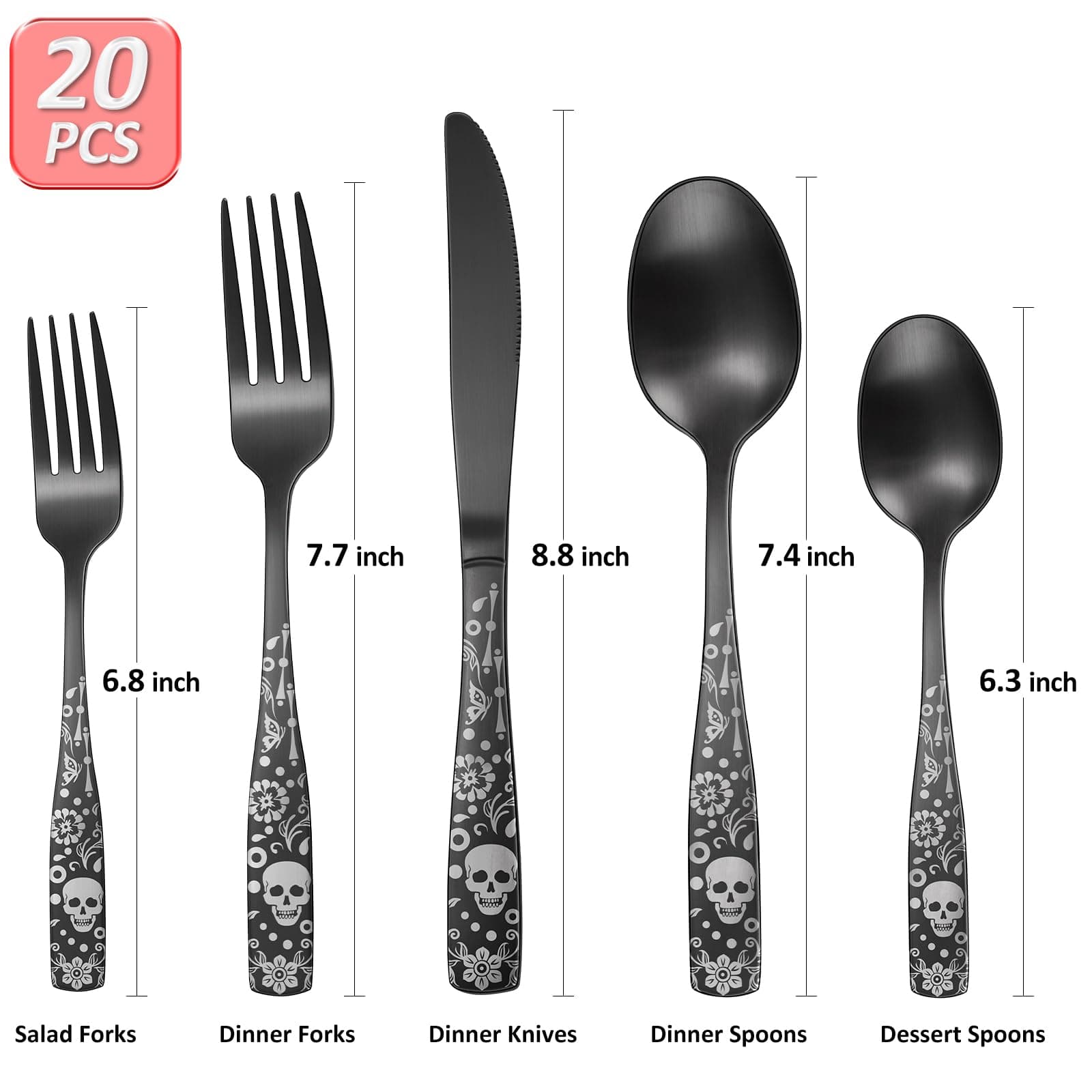 Skull Black Matte Silverware Set for 4, 20-Piece Black Flatware Set, Gothic Skeleton Flower Bat Cutlery Satin Finish Dinnerware for Decoration, Halloween horror, Christmas, Party, Gift, HousewarminG