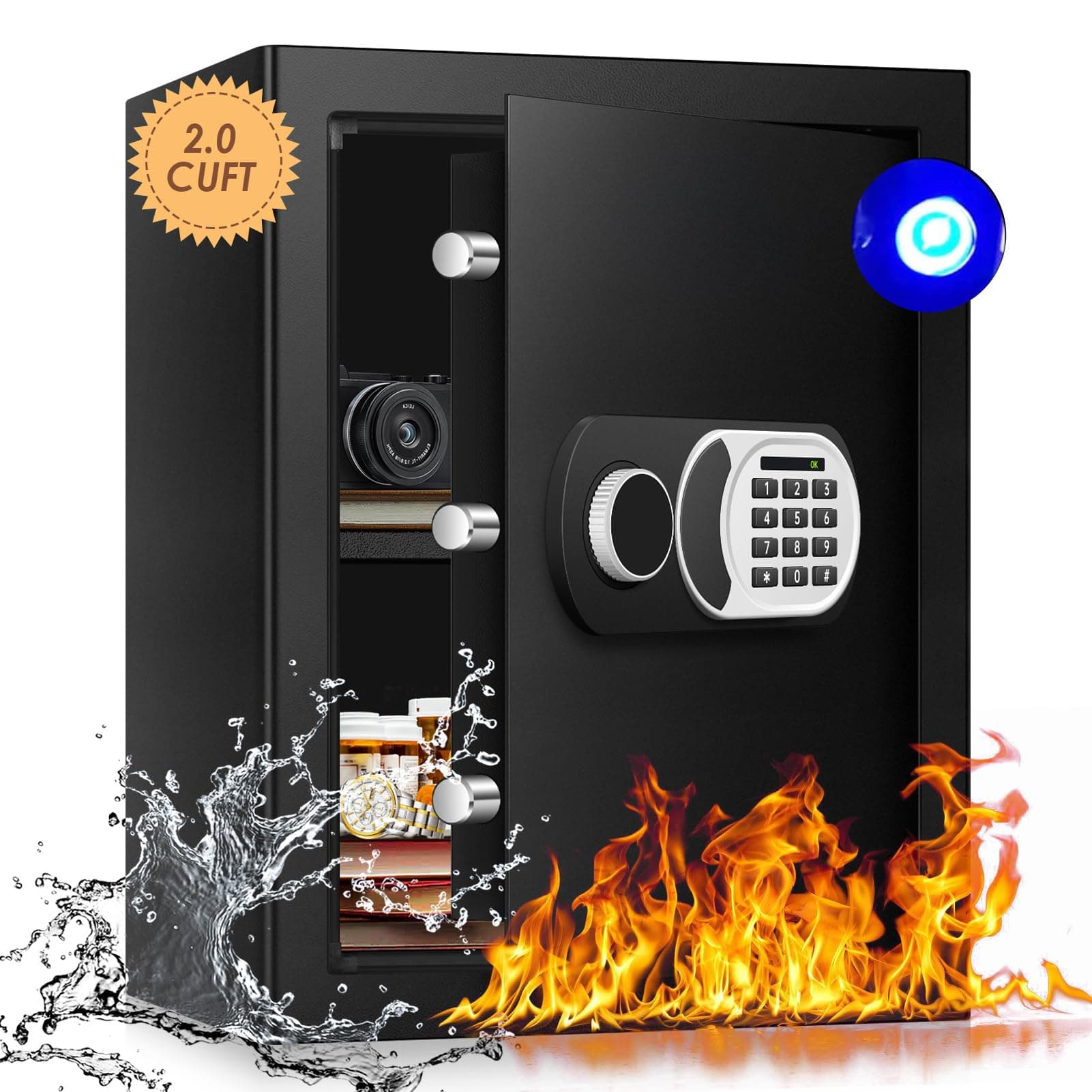 2.4 Cu Ft Home Safe Box Fireproof Waterproof Digital Security Box Steel Construction with Electronic Keypad, Removable Shelf, Hidden Key Lock, LED Light for Document Money Jewelry Valuables