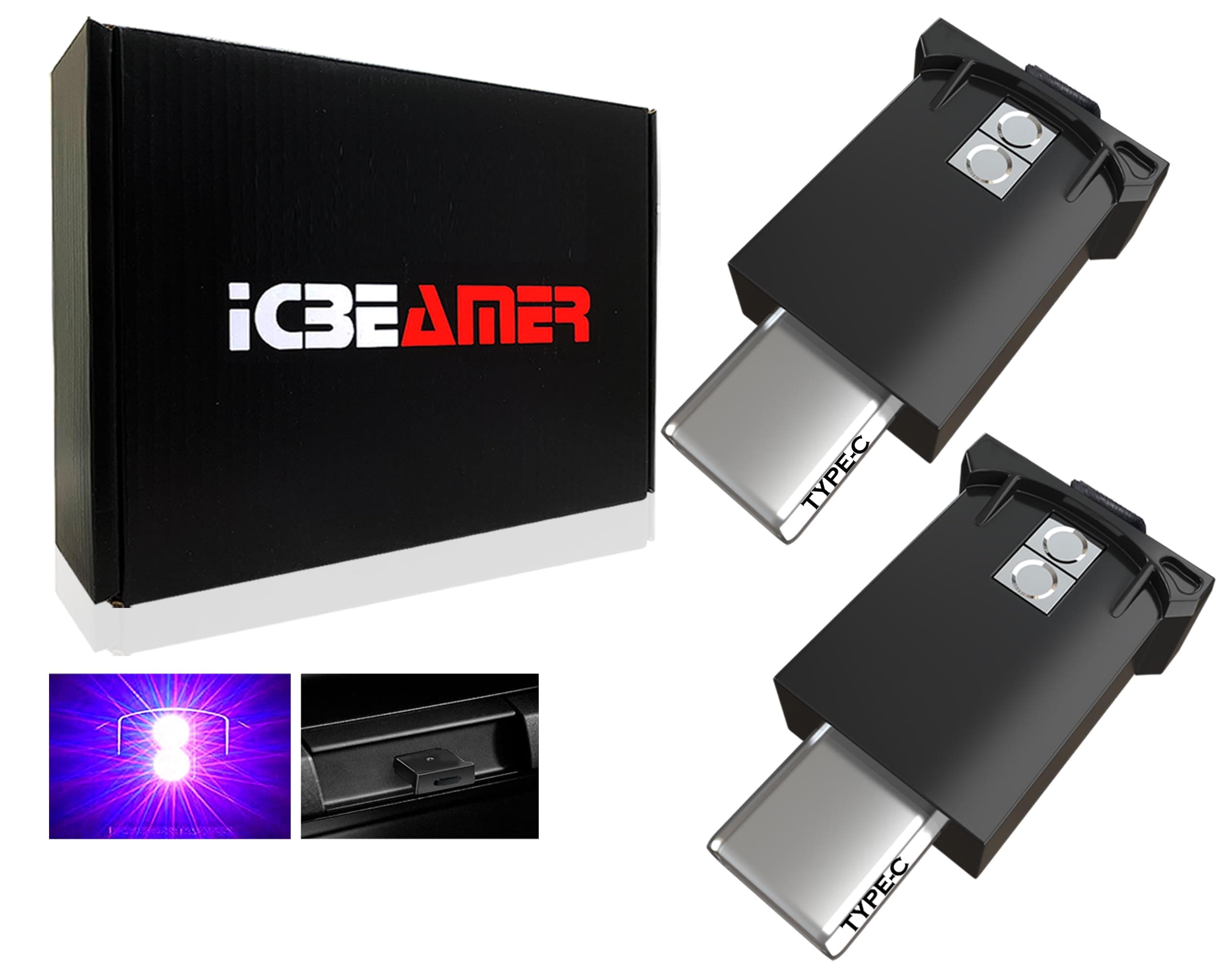 ICBEAMER Type C Adapters USB Ambient Light 2-Pack (Purple) | Smart Interface, Miniature LED Night Lights for Car Interior, Trunk, Van, Pickup, Easy Plug-in, Enhance Automotive Ambiance
