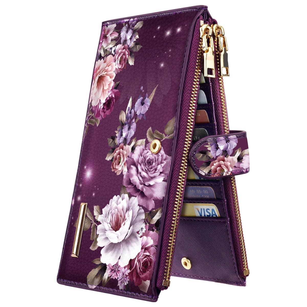 Womens RFID Blocking Multi Card Organizer Bifold Wallet with Double Zipper Pocket,Purple Flowers