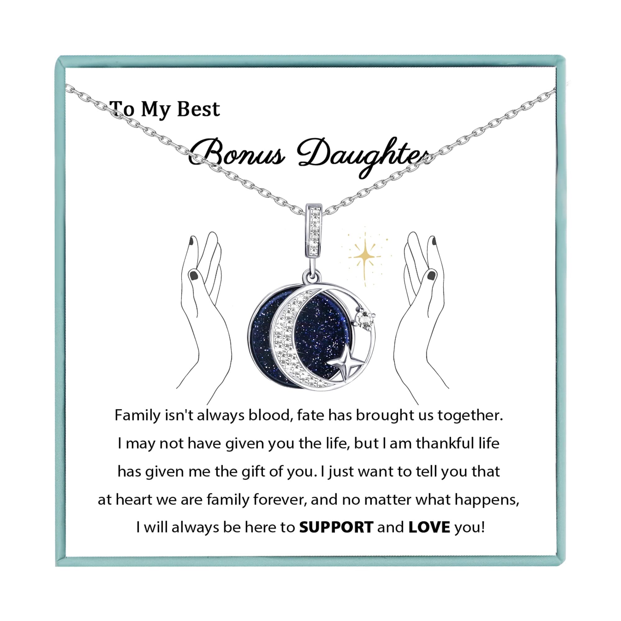 Mothers Day Gifts for Daughter from Mom, Bonus Daughter Necklace Silver Moon Star Step Daughteer Gifts from Stepmom Stepdad