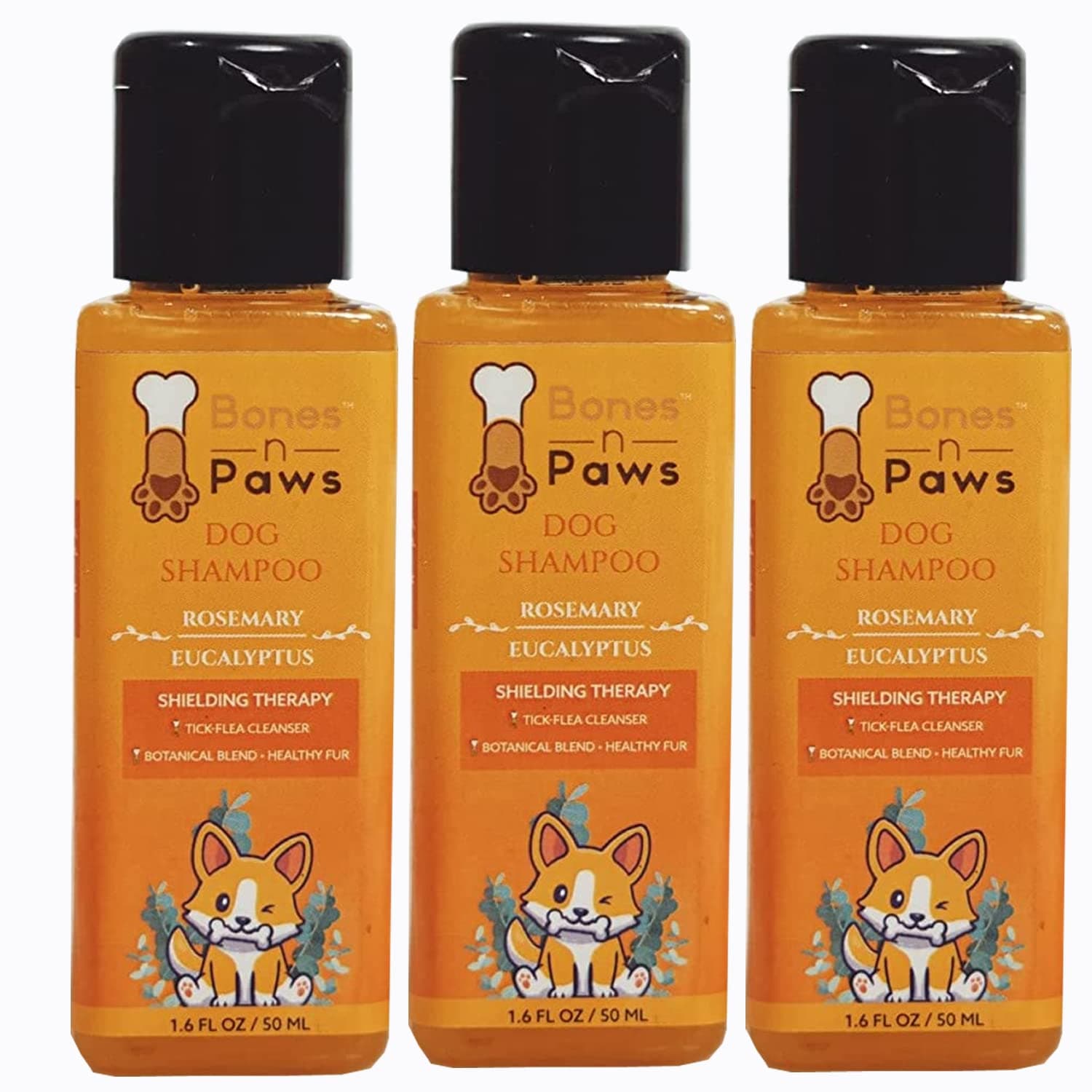 Bones n Paws Shielding Therapy (Tick n Flea Control) | Anti-Microbial & pH Balanced Dog Shampoo 50 ml | Natural Moisturizing Shampoo to Maintain Overall Skin Health | Puppy Shampoo (Pack of 3)