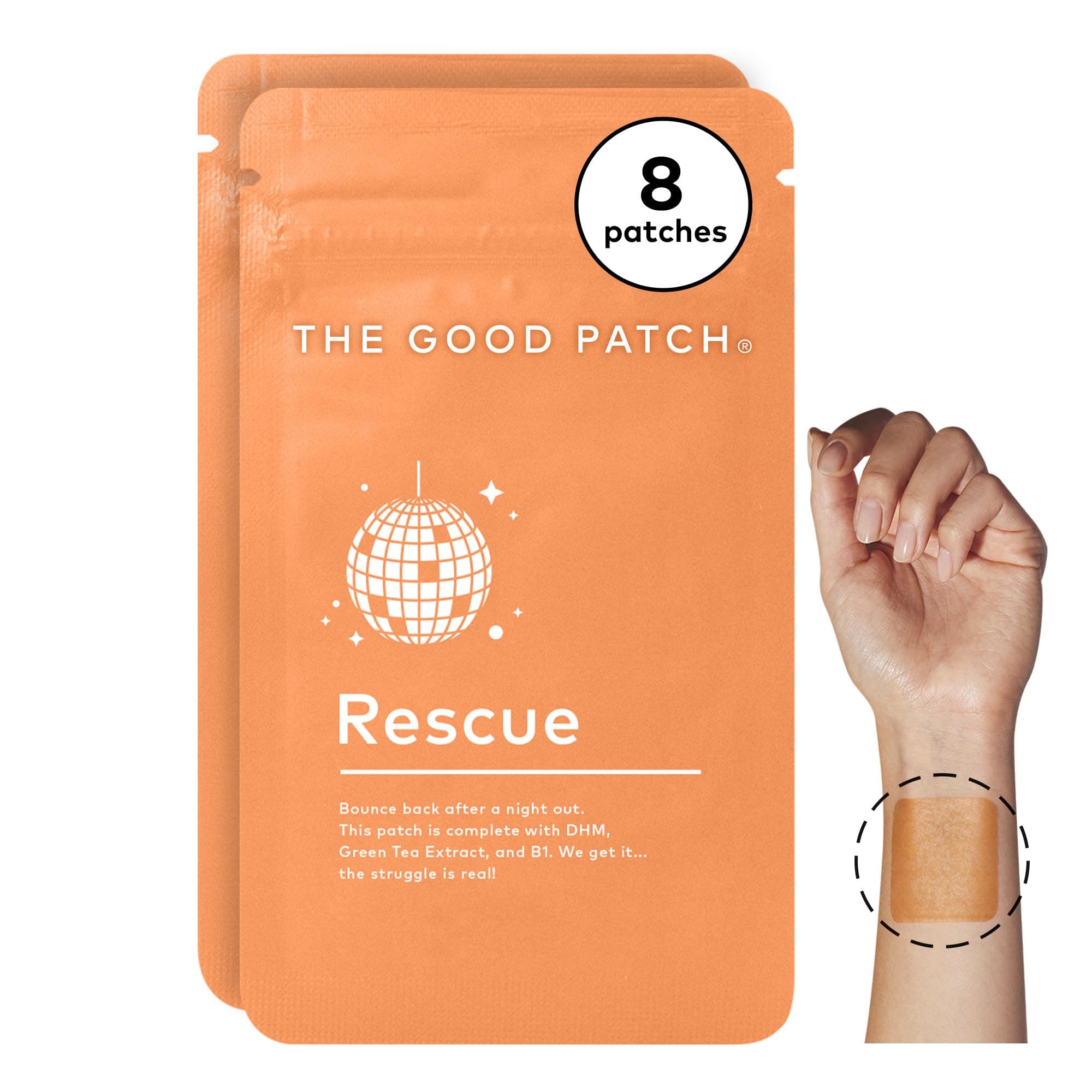 The Good Patch Rescue Recovery Patch, Natural Patch with DHM, Vitamin B1, and Green Tea, Plant-Powered Wearable Wellness, Support After a Night Out (8 Total Patches)