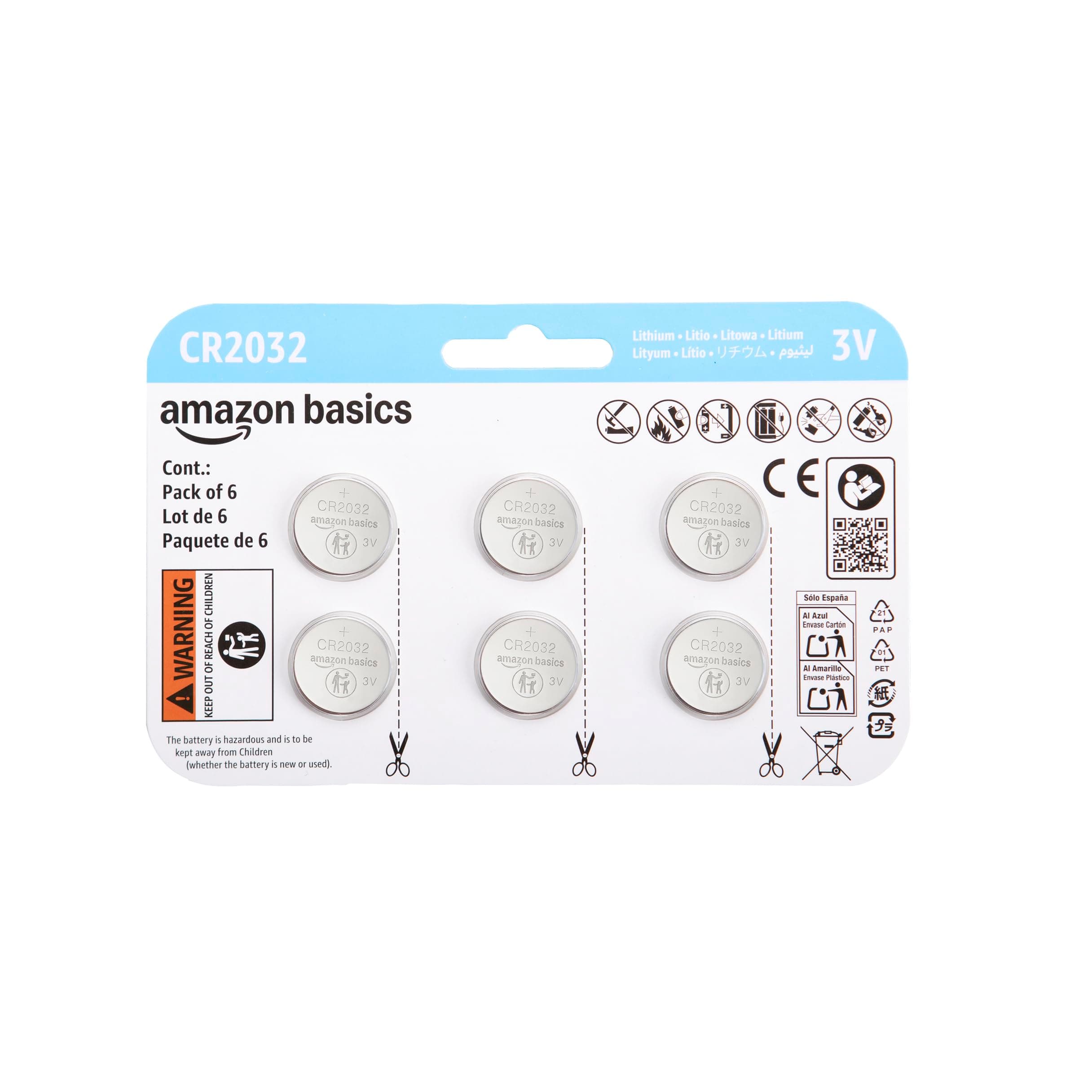 Amazon Basics 6-Pack CR2032 Lithium Coin Cell Battery, 3 Volt, Long Lasting Power, Mercury-Free