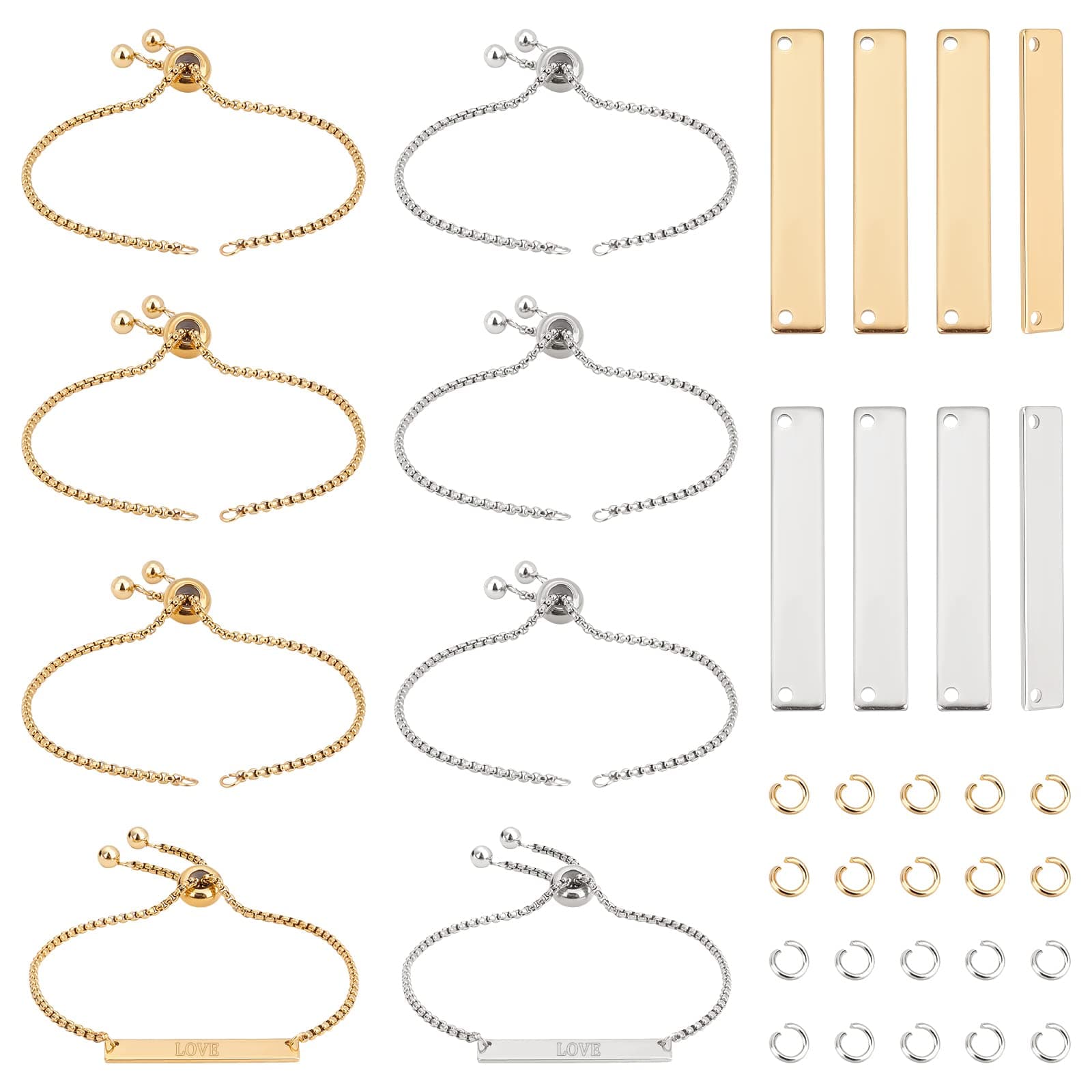 UNICRAFTALE2 Colors Engravable Bracelets DIY Kit Including Rectangle Engravable Blank Tags Links Connectors 24cm 304 Stainless Steel Slider Bracelet 4mm Open Jump Rings For Bracelets Making Adults