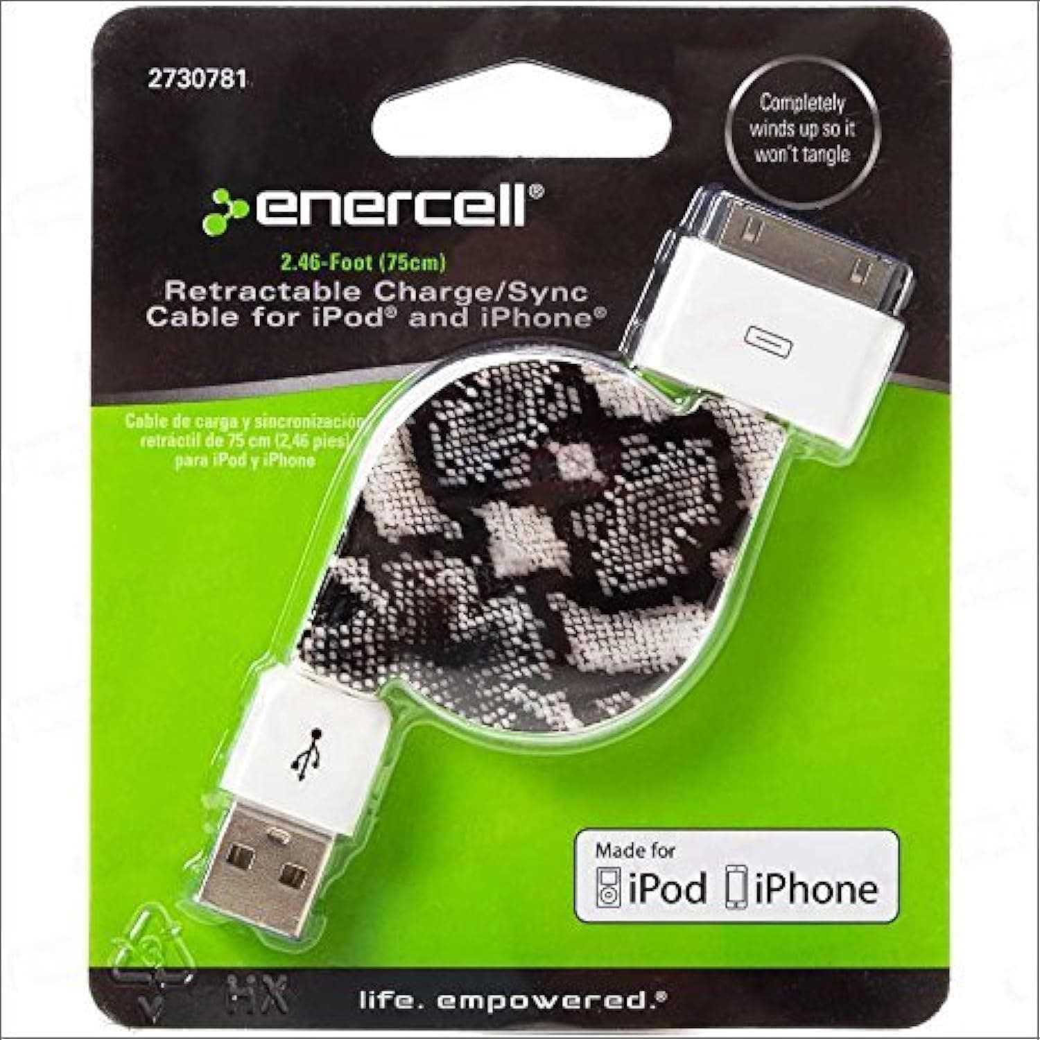 Enercell Snake USB Retractable Sync/Charge 2.46 Feet Data Cable USB Charger for 30-Pin iPad 2 3 iPhone 3G 3GS 4 4S iPod Touch Classic Video Nano