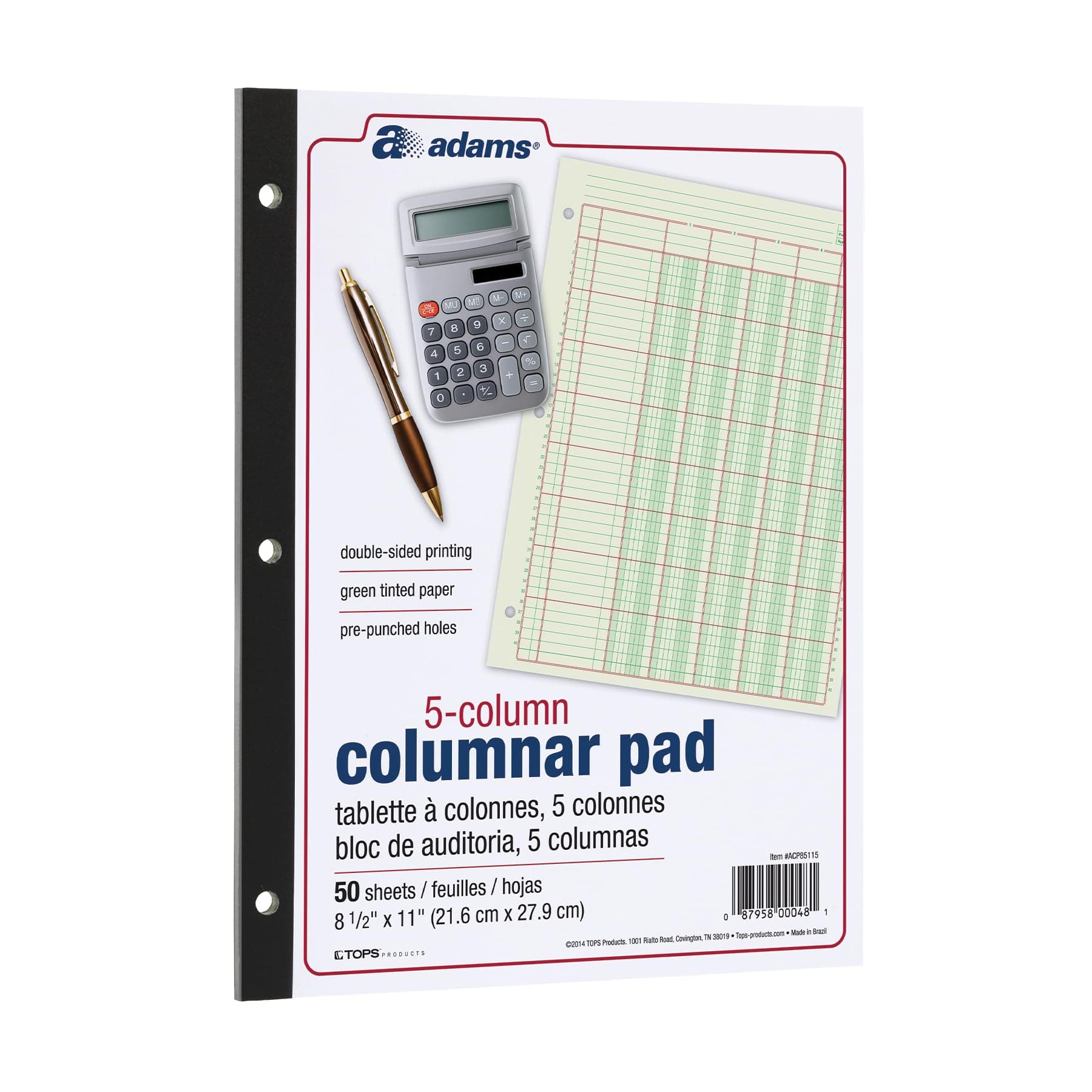 Adams Columnar Analysis Pad, 5 Column Ledger, 8.5" x 11", 100 Pages (50 Sheets), Green, 3 Hole Punch, for Accounting, Bookkeeping & Data (ACP85115)