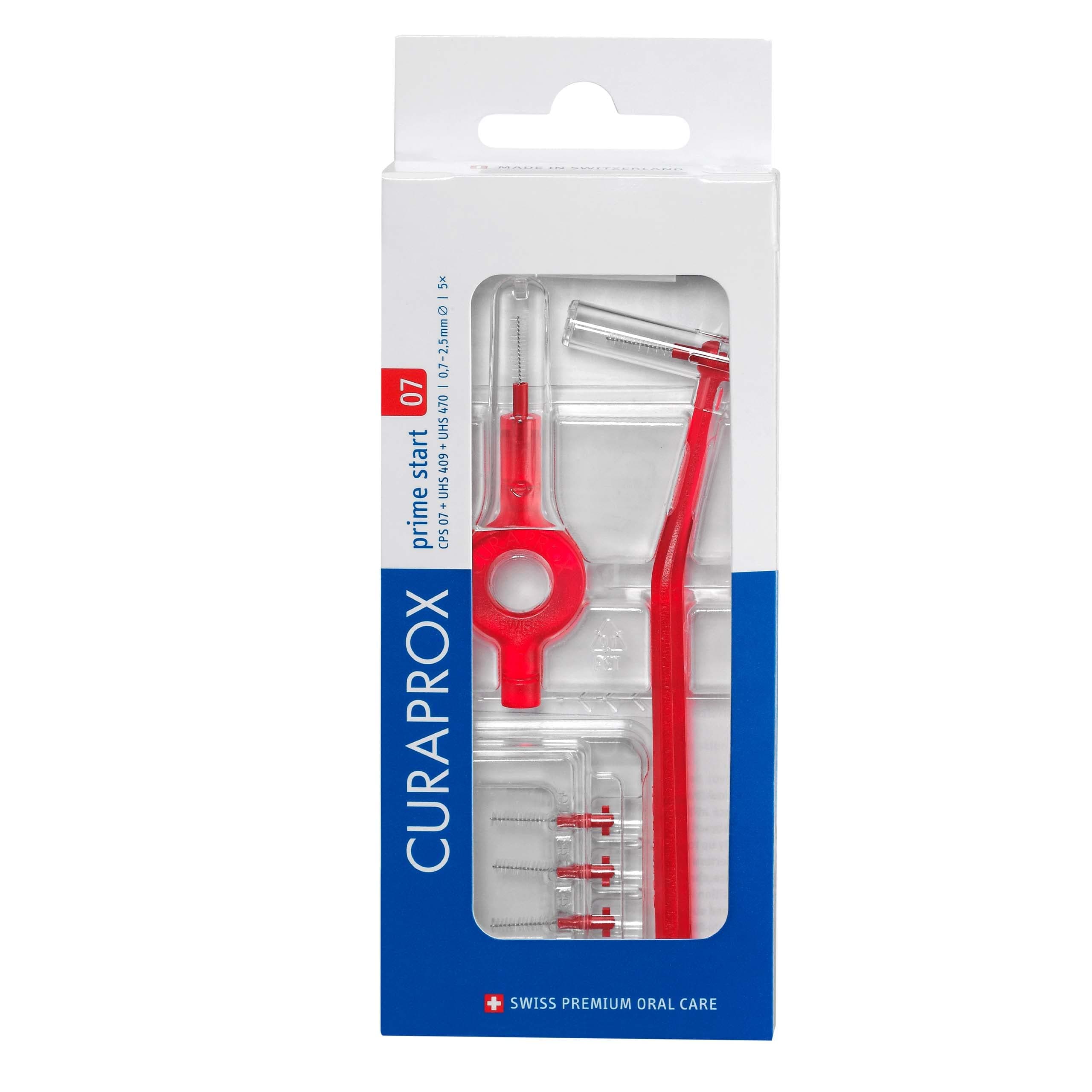 Curaprox CPS 07 Prime Start Interdental Brush Set |Starter Set with 5 Brushes |2 Different Holders |Red | 0.7 mm Diameter |2.5 mm Effectiveness | Made in Switzerland