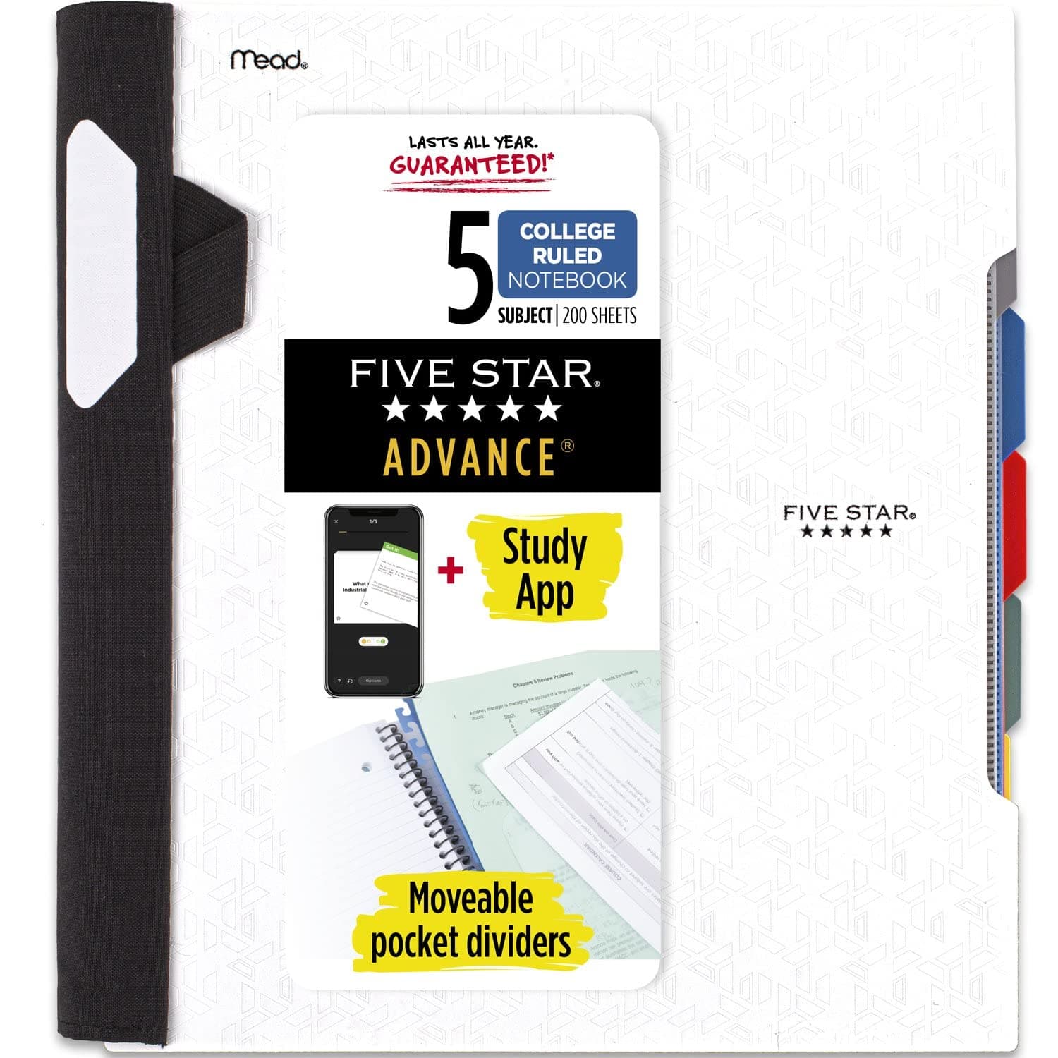 Five Star Advance Spiral Notebook + Study App, 5 Subject, College Ruled Paper, 8-1/2" x 11", 200 Sheets, Spiral Guard, Movable Tabbed Dividers, White (73154)