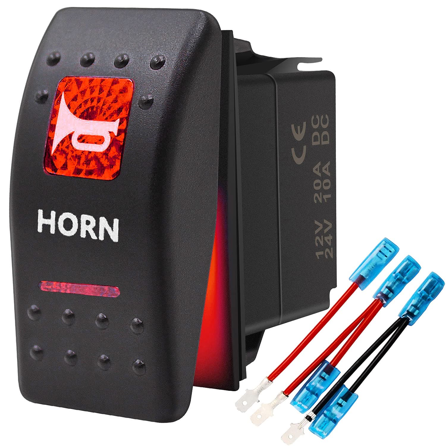 Momentary Horn Button Waterproof Rocker Switch Toggle - ON/Off Red LED Light - 12V 20Amp 24V 10Amp, 5 Pin for Automotive Cars Vehicles Marine Boats Trucks Trailers 4x4 Caravans RVs SUV ATV UTV & More