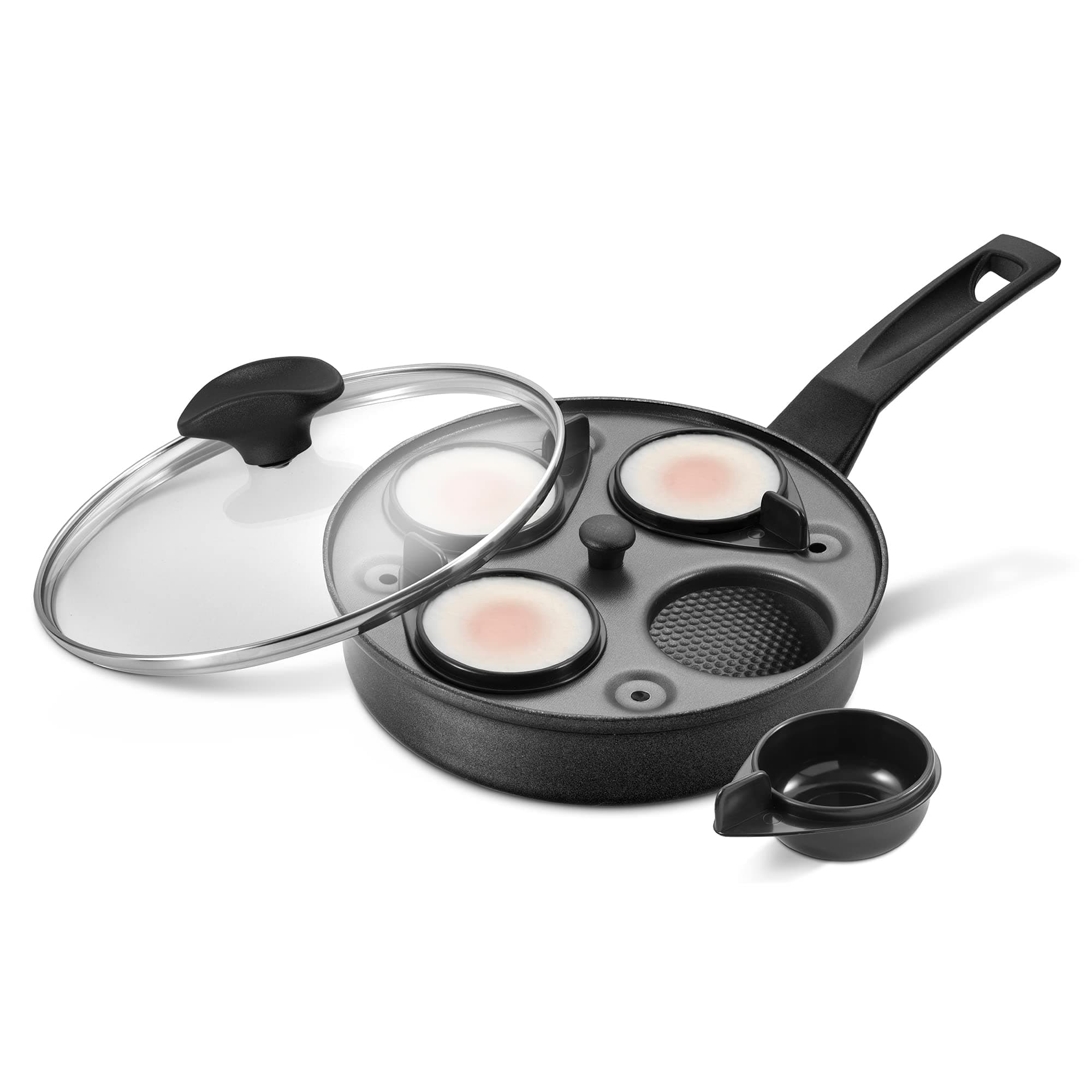 Egg Poacher Pan - 2 in 1 Poached Egg Maker with 4 Non Stick Egg Poachers Inserts & 20cm Induction Frying Pan with Lid, Stay Cool Handle, Dishwasher Safe Cookware