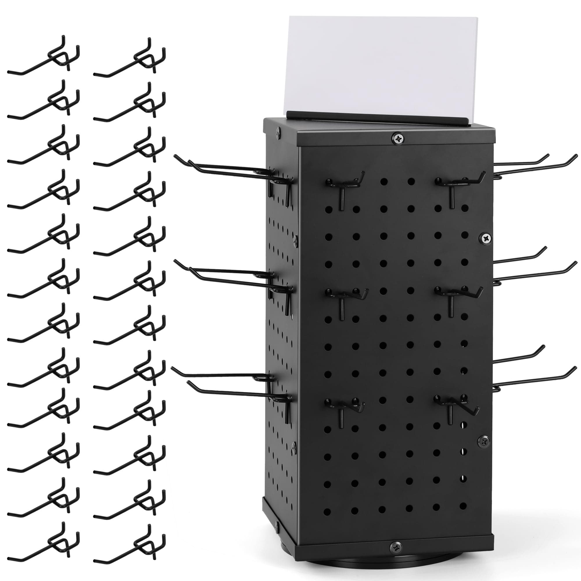 Rotating Pegboard Display Stand With 24 Hooks - Metal Spinning Peg Board Displays, Stands for Retail, Vendors, Selling & Shows - 4-Sided Craft Rack Organizer for Products, Accessories, Jewelry