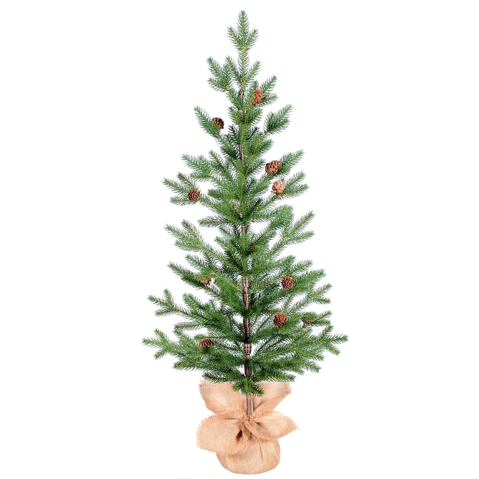 3FT Tabletop Artificial Christmas Tree, 209 Realistic PE Branches, Pine Cone Decorations, Unlit, Cement Base Wrapped in Burlap, Green