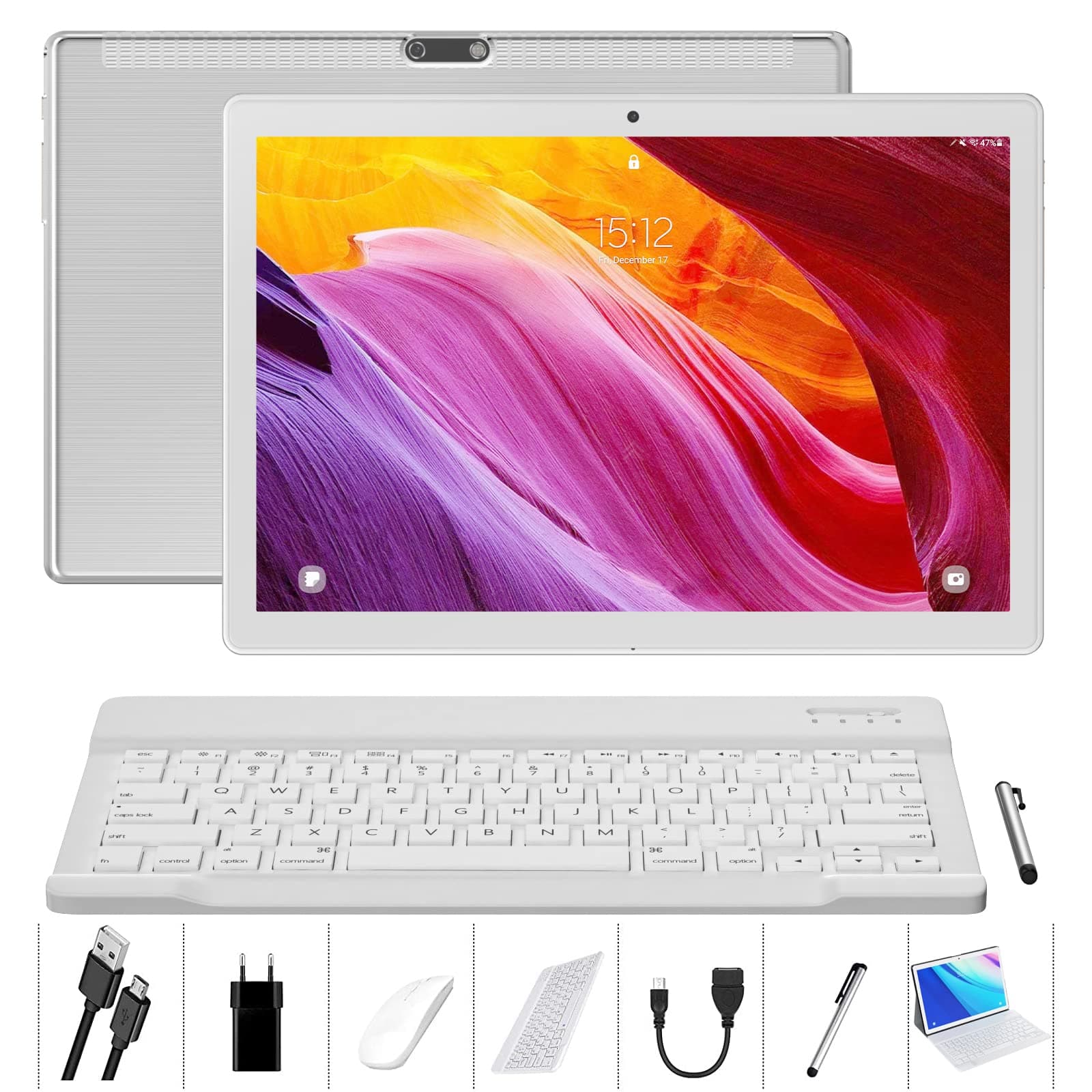 LNMBBS Android Tablet 10 Inch, 4GB RAM 64GB Storage, Android11.0, Octa-Core Processor, with Keyboard, Large Battery, Dual Camera, Wi-Fi, Bluetooth, GPS, Mouse,Tablet Cover, Tablet,Silver (T13-S)