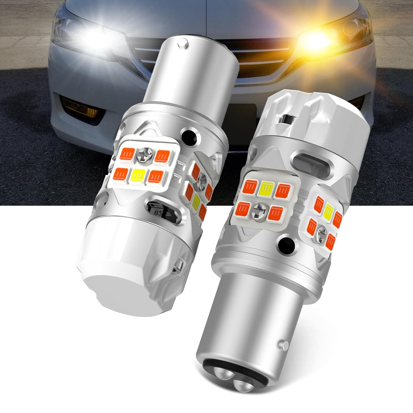 T3 1157 LED Bulb Switchback Built In Resistor Front Turn Signal CANBUS Error Free White Amber 500% Bright 2057 2357 7528 BAY15D P21/5W DRL Parking Light Anti Hyper Flash (2pcs)
