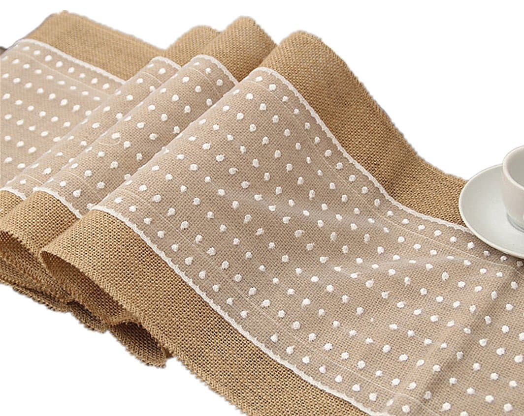OBELLA® Hessian Table Runner - Rustic Burlap Lace Table Runner Natural Jute For Wedding Festival Event Table Decoration Lace Both Side 12x108 (3 pcs, White Dots)