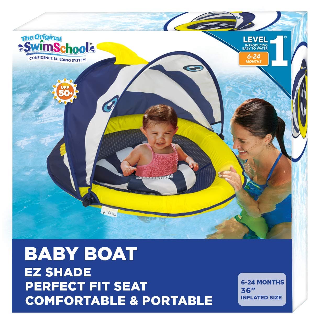 Splash & Play Fun-Fish Baby Pool Float with Canopy with Activity Center, Dual Air Pillow Chambers and Adjustable Safety Seat, Baby Float, 6 - 24 Months, Navy/White