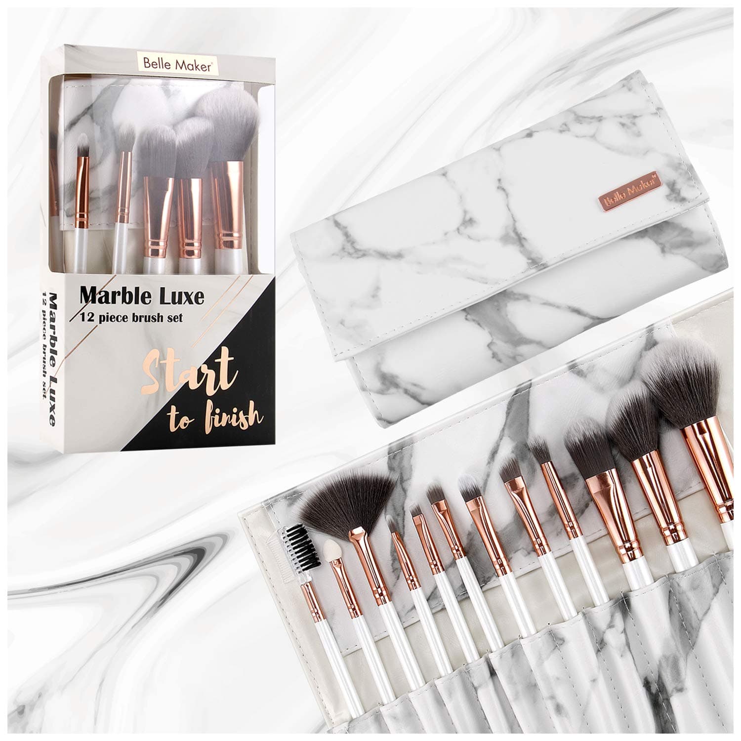 Marble Luxe Belle Maker Makeup Brushes 12pc ROSE GOLD Make Up Brushes Set With Professional Marblious Travel Vegan Leather Marble Makeup Brush Set Bag Organizer Case Kit with Eyeshadow Eyebrow Sponge