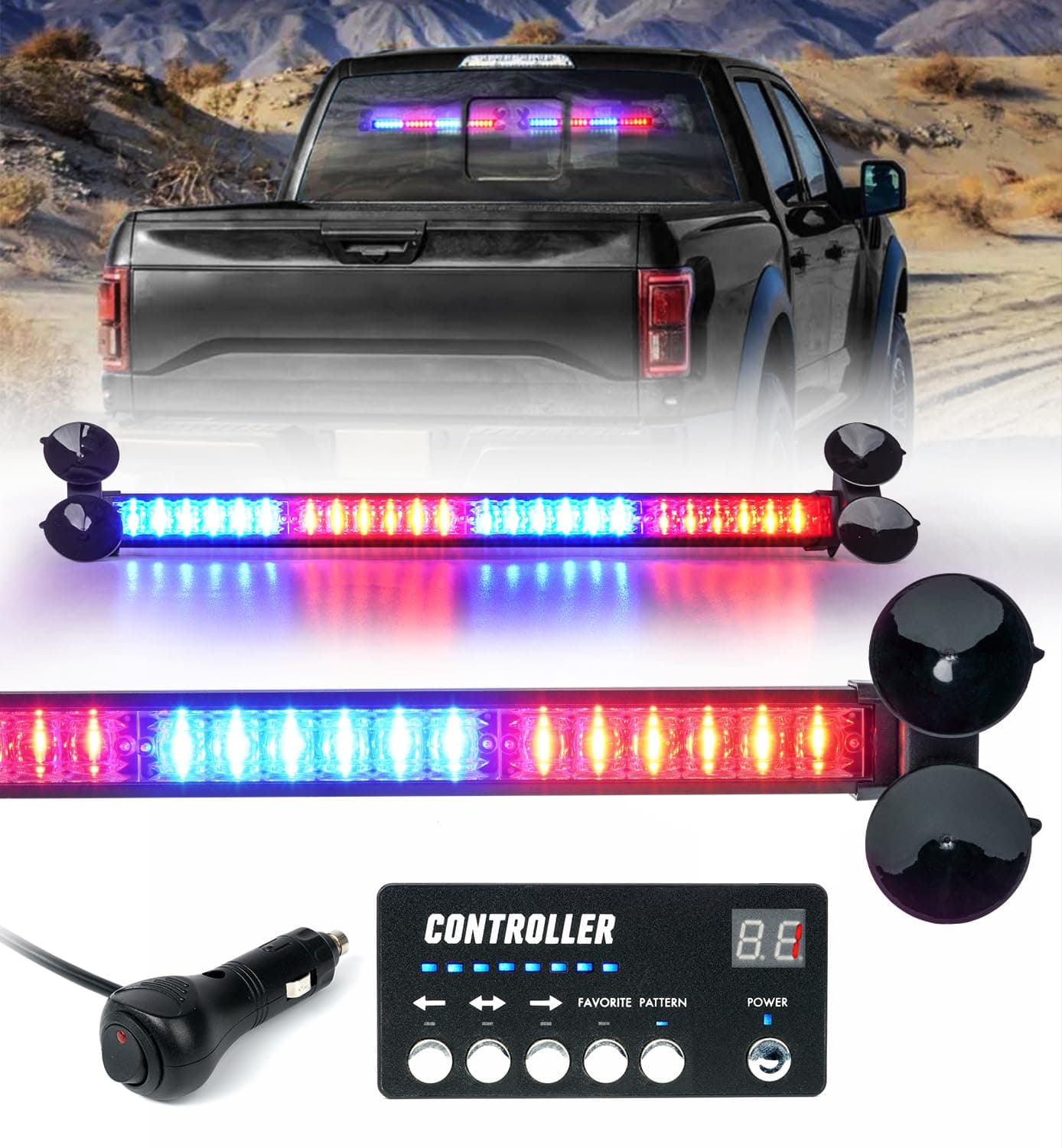 LUMENIXLED Traffic Advisor Strobe Light Bar w/Controller 2x19 Inch Rear Window Windshield Emergency Flashing Warning Safety Lightbar for Security Vehicles Police Cop Trucks Car - Blue Red