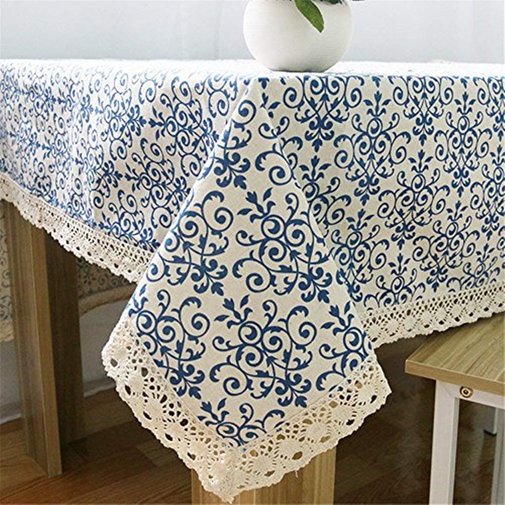 Superwinger Classic Linen Cotton Blue Flower Printed Tablecloth Dustproof Rectangular Table Cloth Wedding Party Hotel Table Cover,Assorted Size
