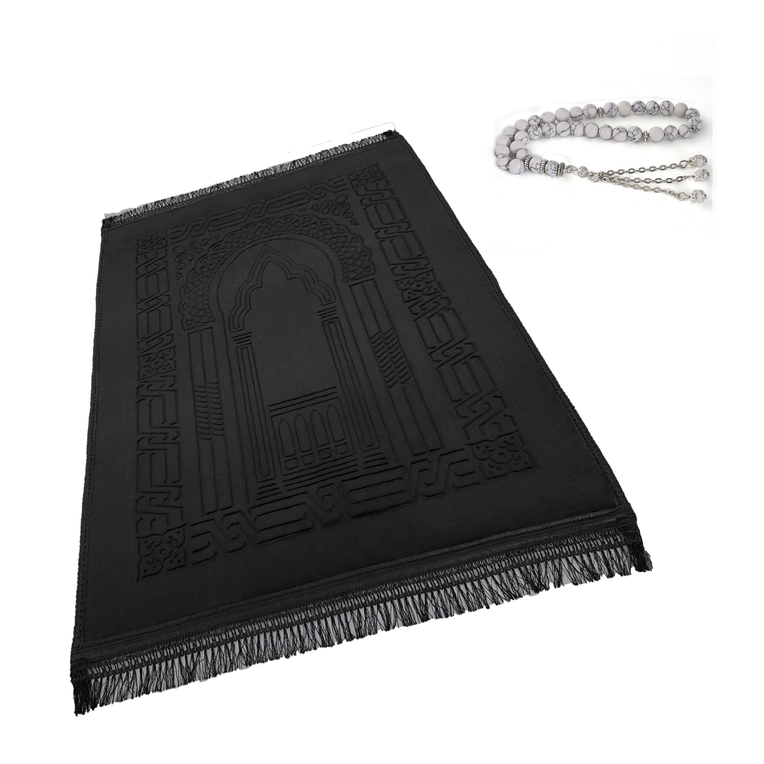 Prayer Rug Muslim Mat Islamic - Thick Large Sajadah for Kids Men Women with Islam Prayer Beads for Eid Travel Ramadan, Soft Luxury and Great for Knees and Forehead (Black)