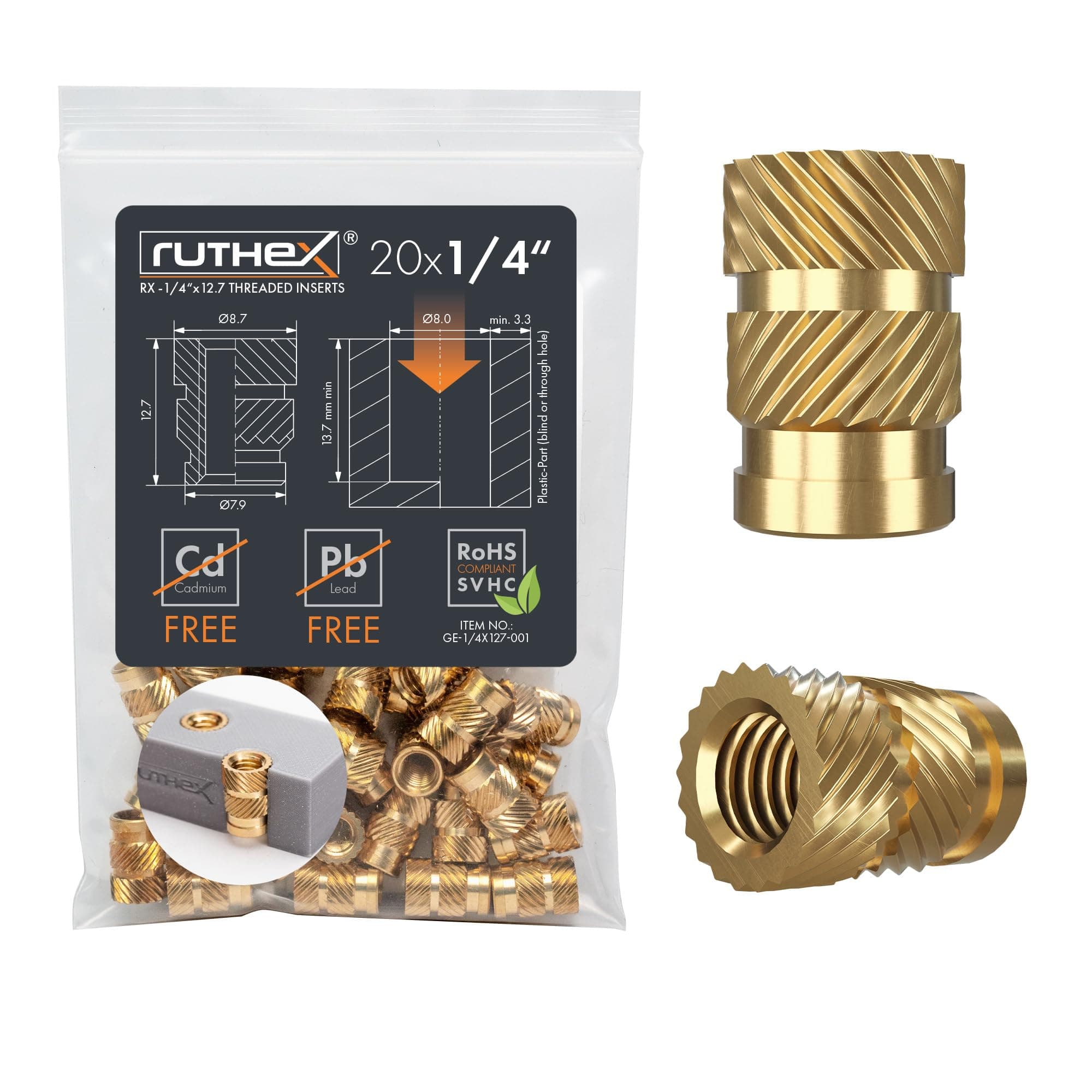 ruthex 1/4" Threaded Inserts - 20 Pieces RX-1/4“-20x12.7 Brass Heat Set Insert for Plastic Parts - Inches knurled Nuts - Insert by Heat into 3D Printing Components