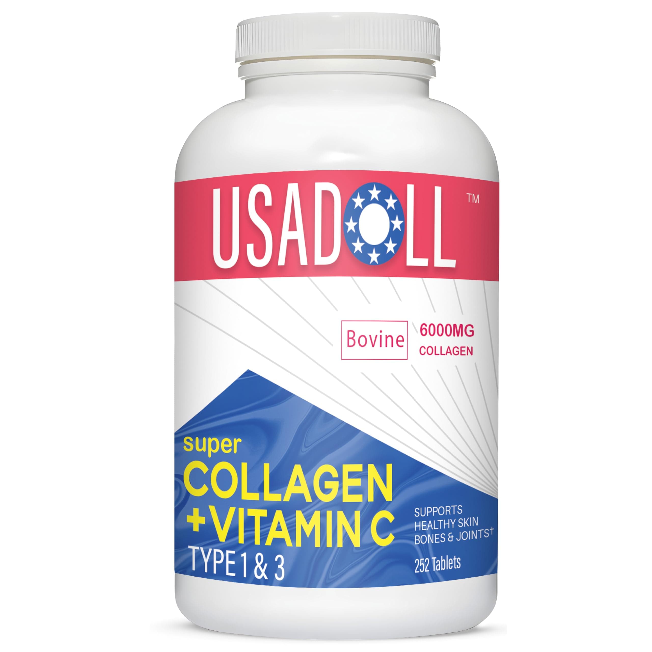 Super Collagen 6000mg with Vitamin C 252 Tablets | Type 1 & 3 Hydrolyzed Bovine Collagen Peptides for Healthy Hair, Radiant Glowing Skin, Strong Nails, Bones & Joints | Non-GMO, Gluten Free