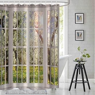 Floral Shower Curtain, Window View of Spring Flower Shower Curtain Set for Bathroom Waterproof Natural Scenery Green and White Bathroom Curtain with Hooks, 72x78 Inch