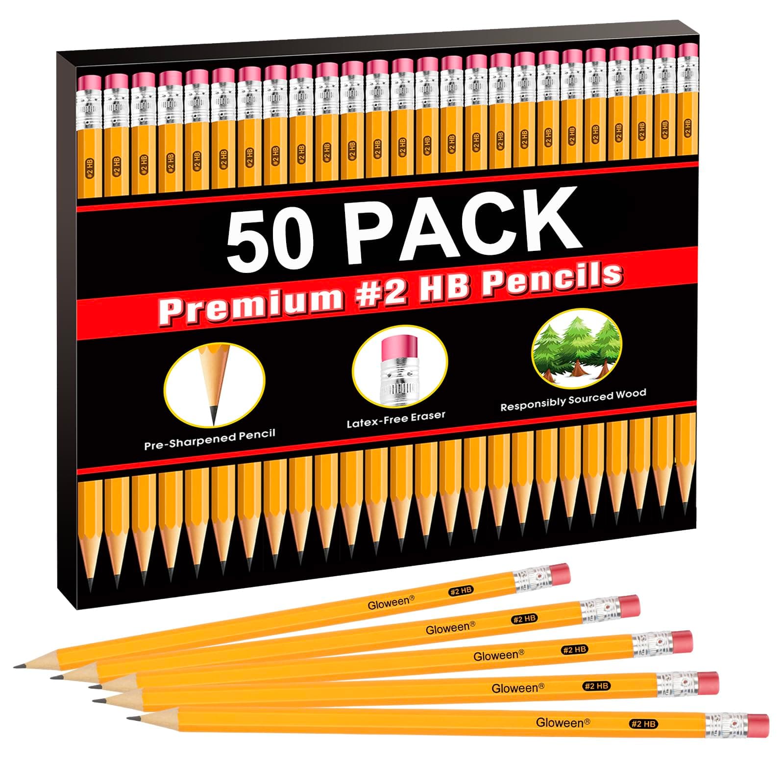 #2 Pencils Bulk, 50 Count Pre-sharpened Wood-Cased 2 HB Soft Yellow Pencils for Writing/Drawing/Sketching, Bulk Pack for Office School Classroom Supplies