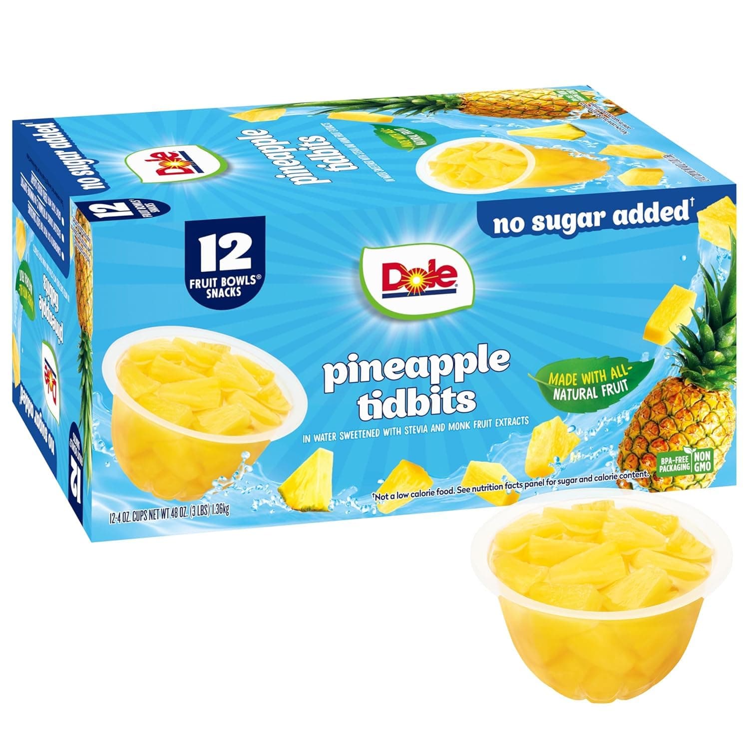 Pineapple Tidbits with No Sugar Added - Dole Fruit Bowls Snacks - 4 oz Fruit Bowls - 12 Pack