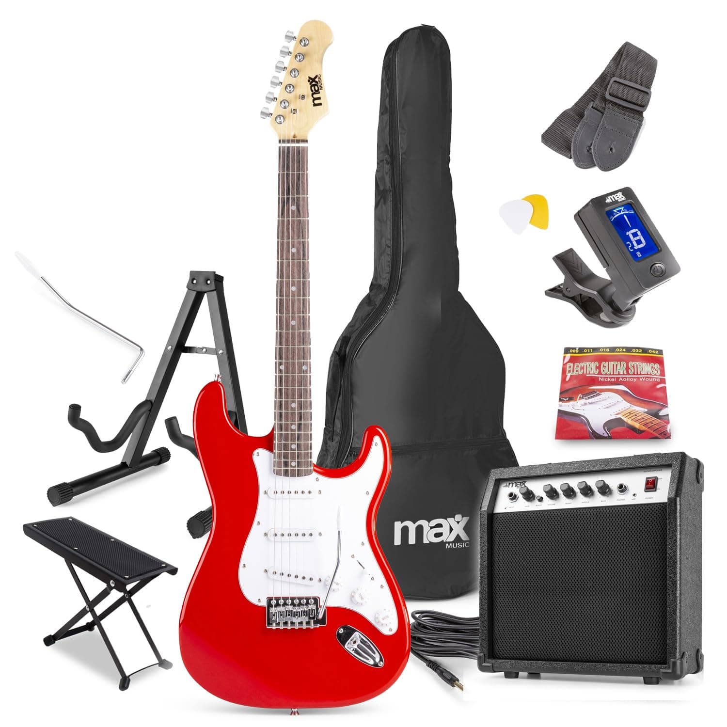 Max GigKit Red Electric Guitar Starter Pack - Complete Set for Beginners, Ideal Beginner Electric Guitars, Includes Amp, Footstand & Guitar Stand for Aspiring Musicians