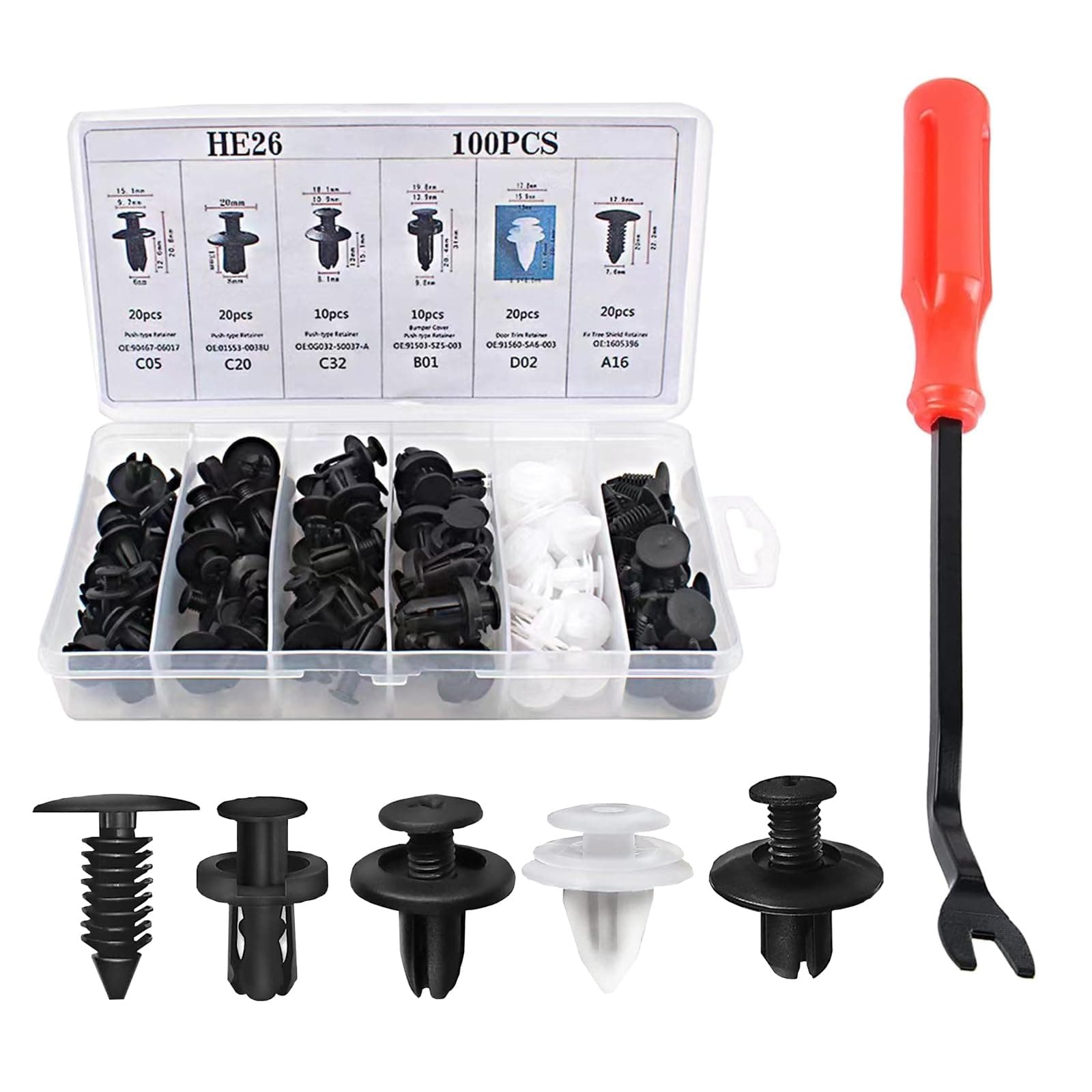 100 PCS Car Door Panel Buckle Combination Set, Bumper Push Fastener Rivet Clip Expansion Screw, Multi-Functional Replacement Fixing Accessories, Suitable for Most Car Models (Black & White)